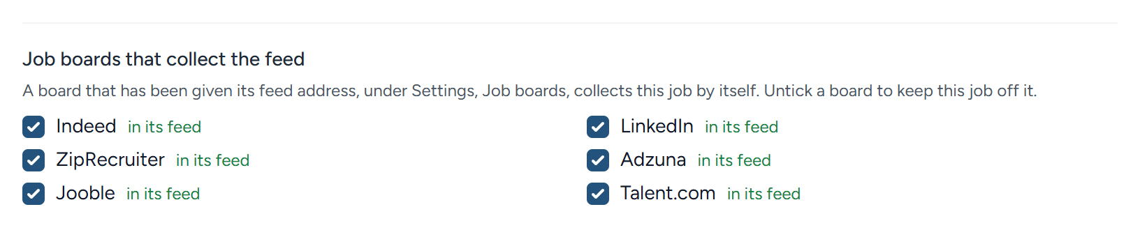 The boards, each with whether this job is in its feed.