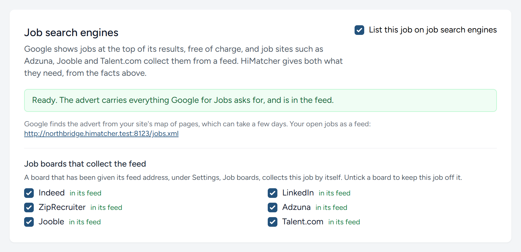 The panel that says whether search engines can list the job.