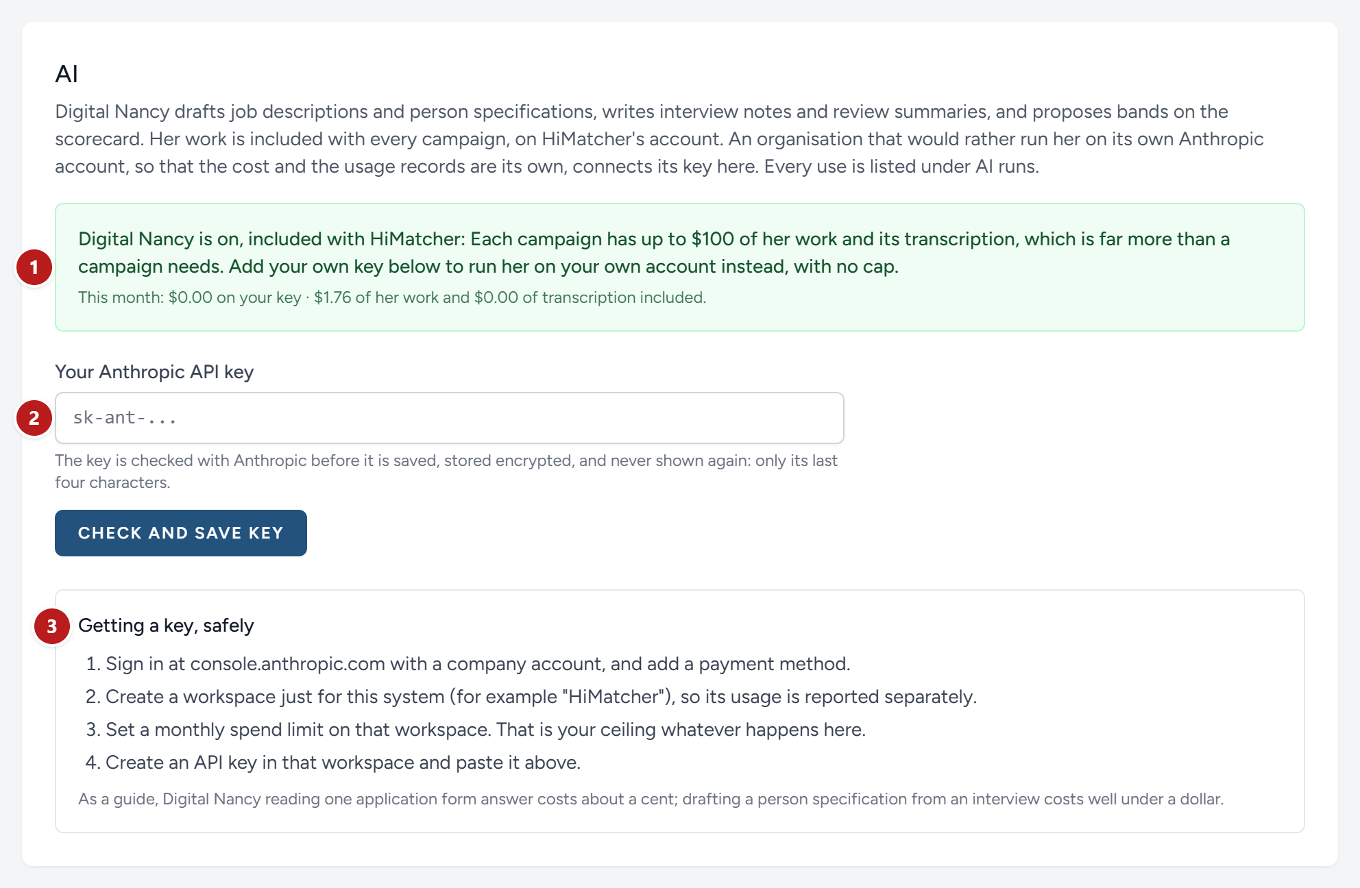Settings, AI. This organisation runs on what is included, and has not connected a key of its own.