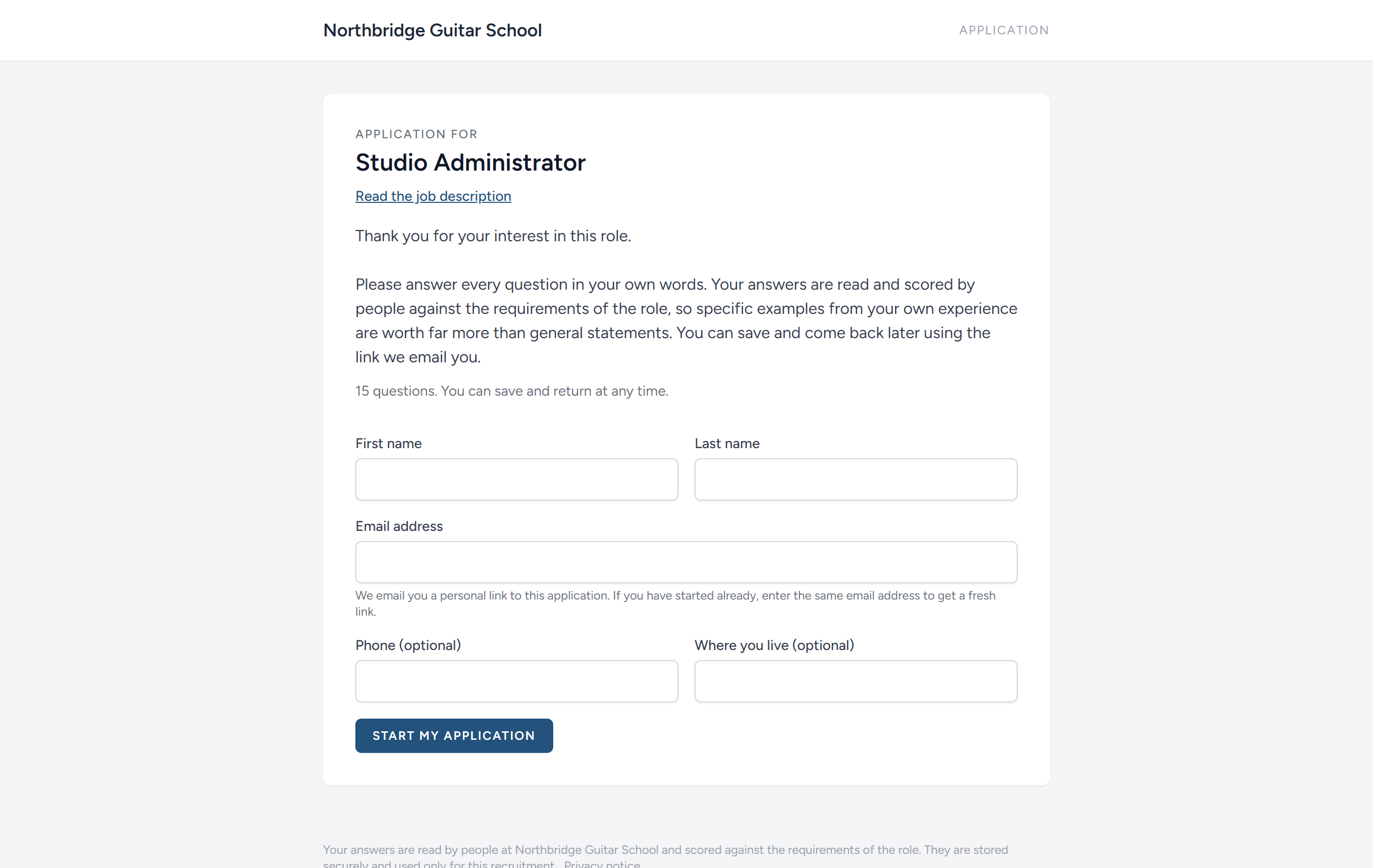 What a candidate sees when they follow the link. They give their name and email address, and are sent their own private link so they can stop and come back later.