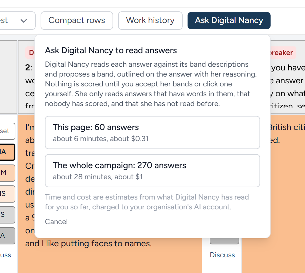 The panel that opens from Ask Digital Nancy, showing what each choice would involve before anything is sent.
