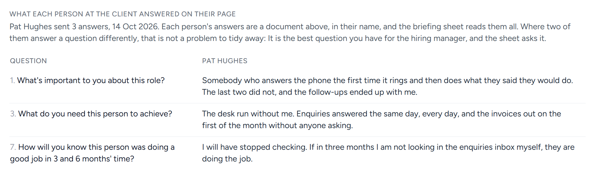 What the office manager answered on her page, under the documents: Her three answers, question by question, beside the director's document above.