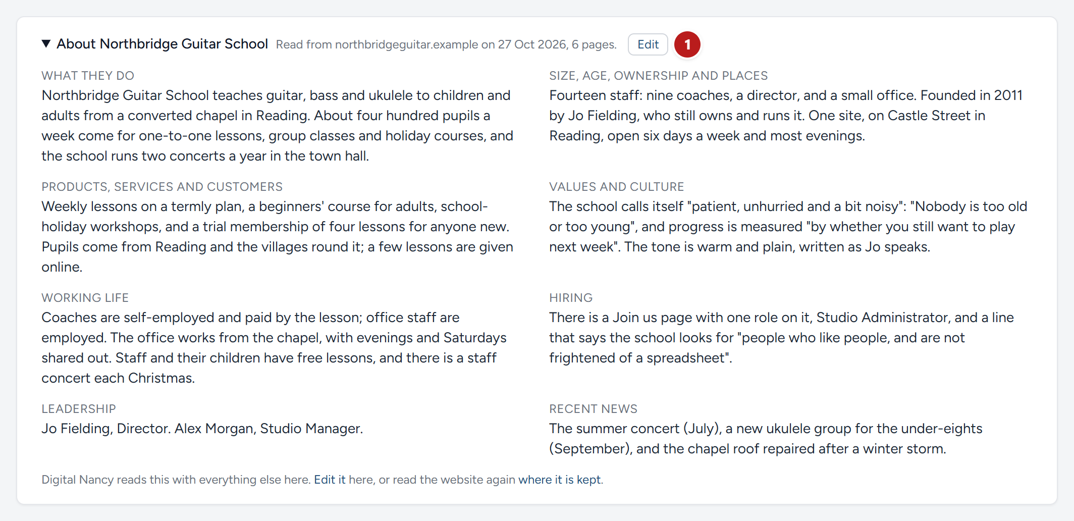 The profile as the briefing page shows it, opened, with Edit beside the name (1). This one is the example school's own, kept under Settings.