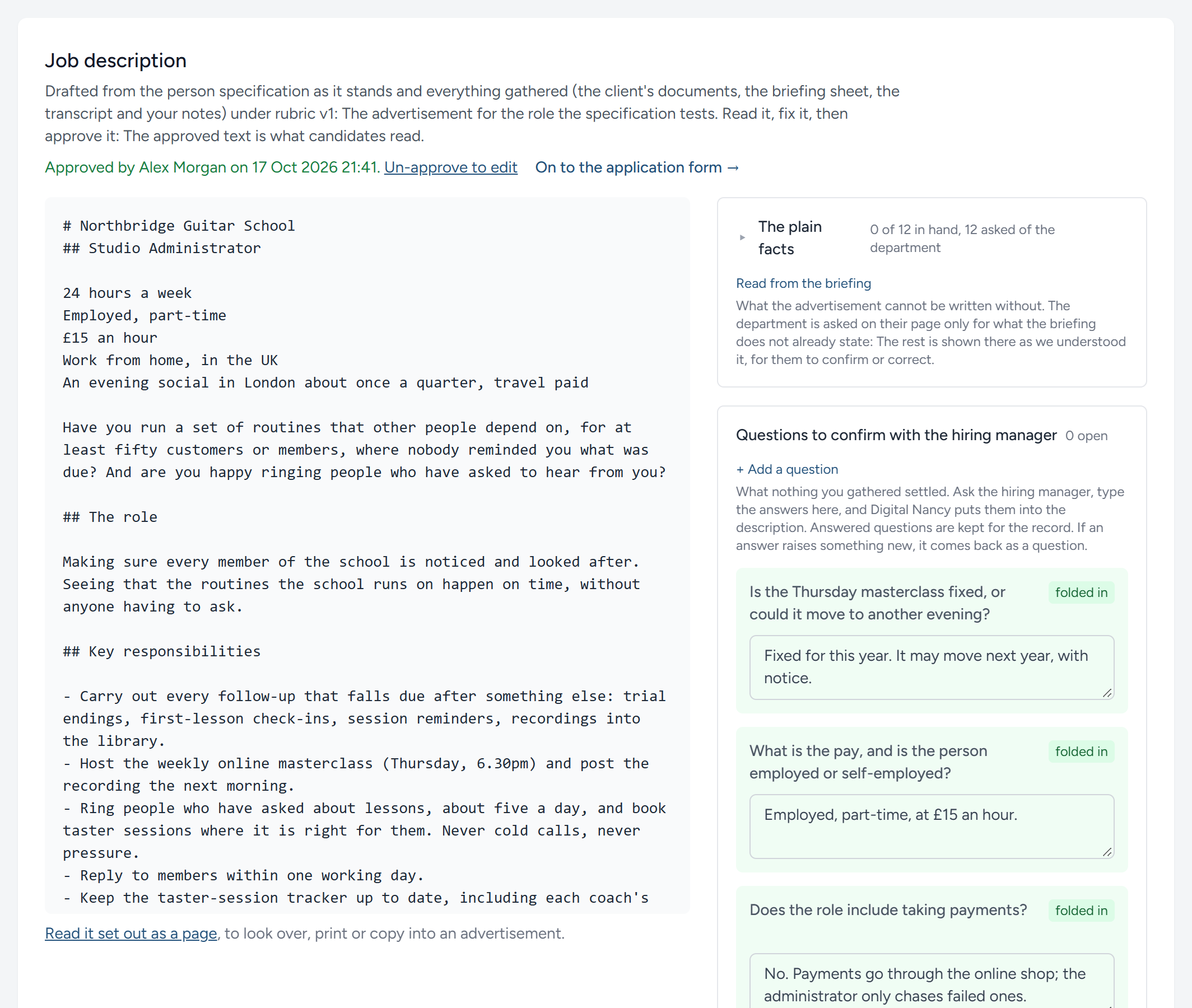 The job description for the Studio Administrator, with the questions Digital Nancy could not settle from the conversation.