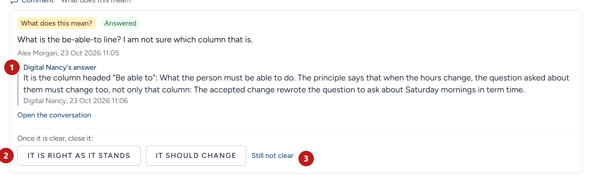 The example's question about a principle, with Digital Nancy's answer under it, the two ways to close it, and the way to send it on.
