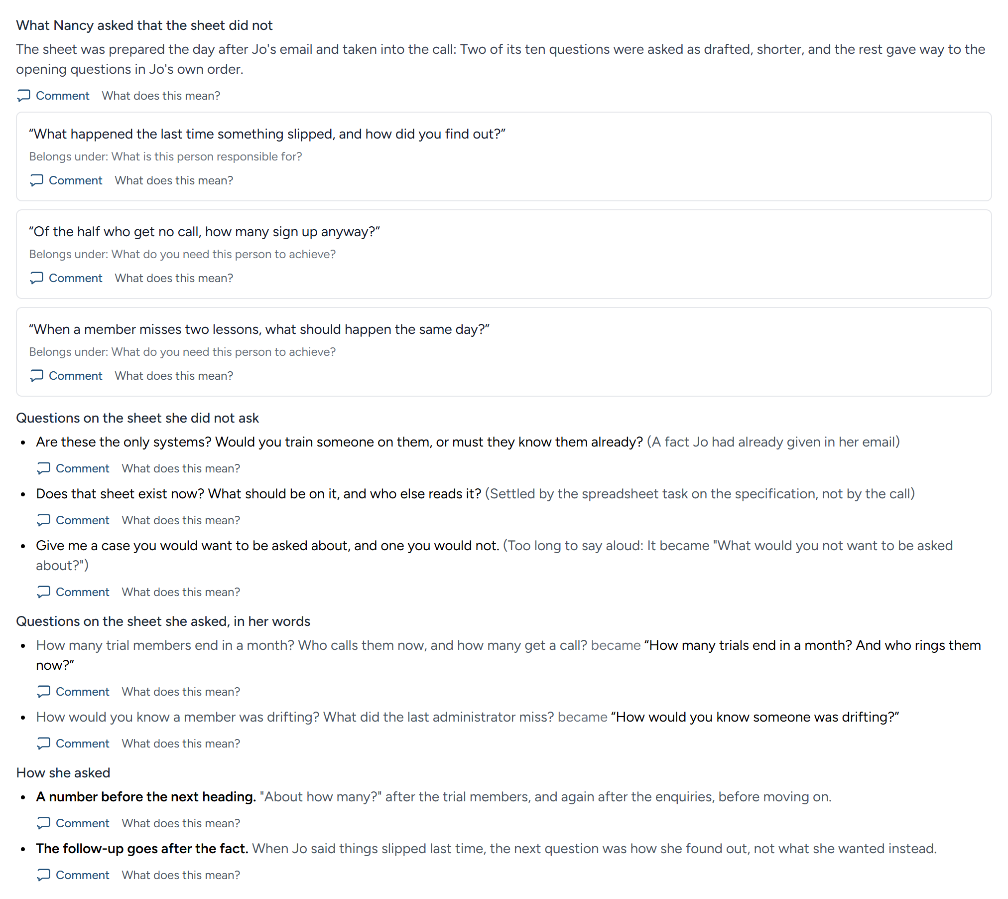 What was asked on the example's call that the sheet did not have, with the sheet's questions that were dropped, the ones asked in other words, and how they were asked.