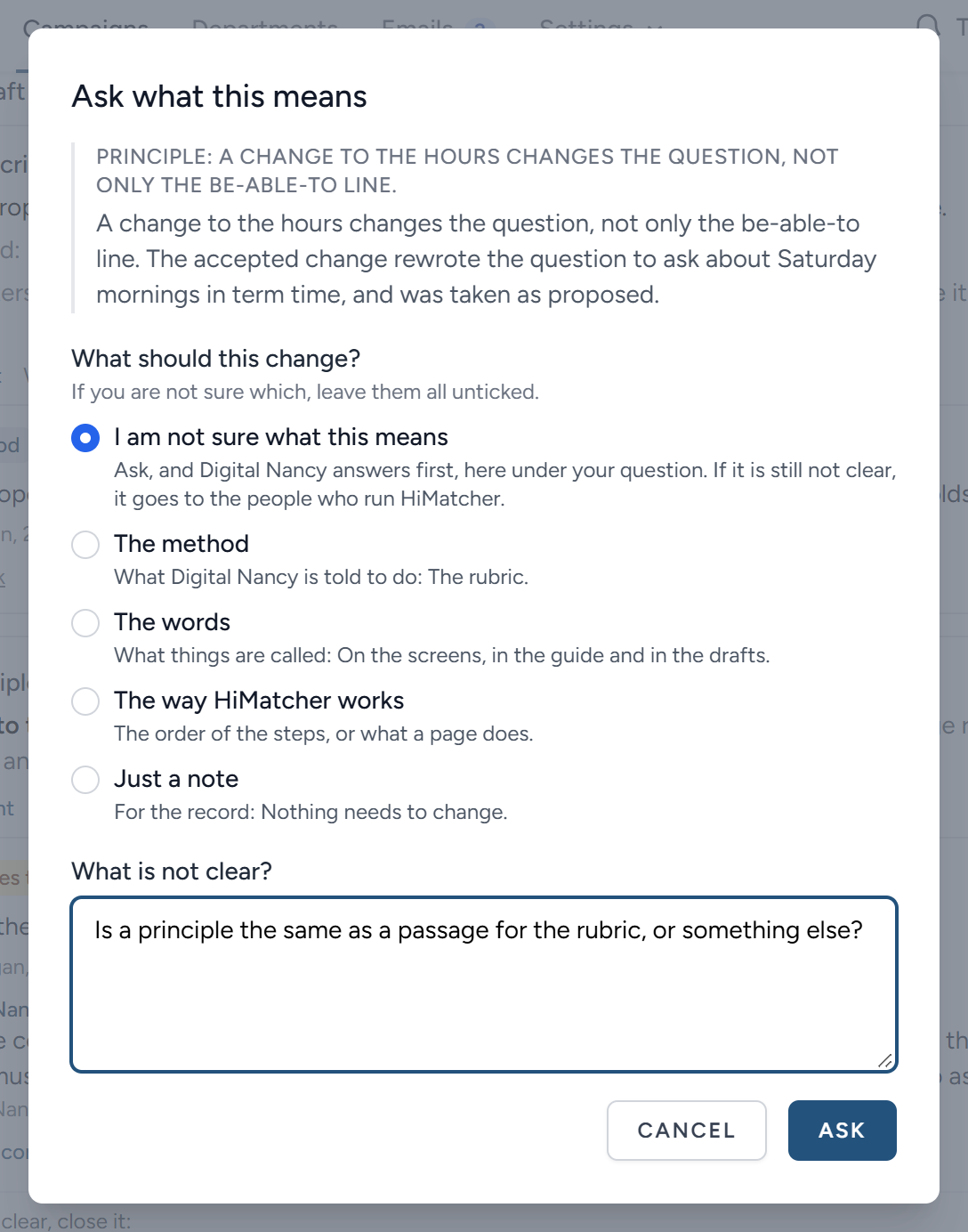 Asking what something on the example's lesson means: The words it is about, the choice of what the comment should change, and the question being written.