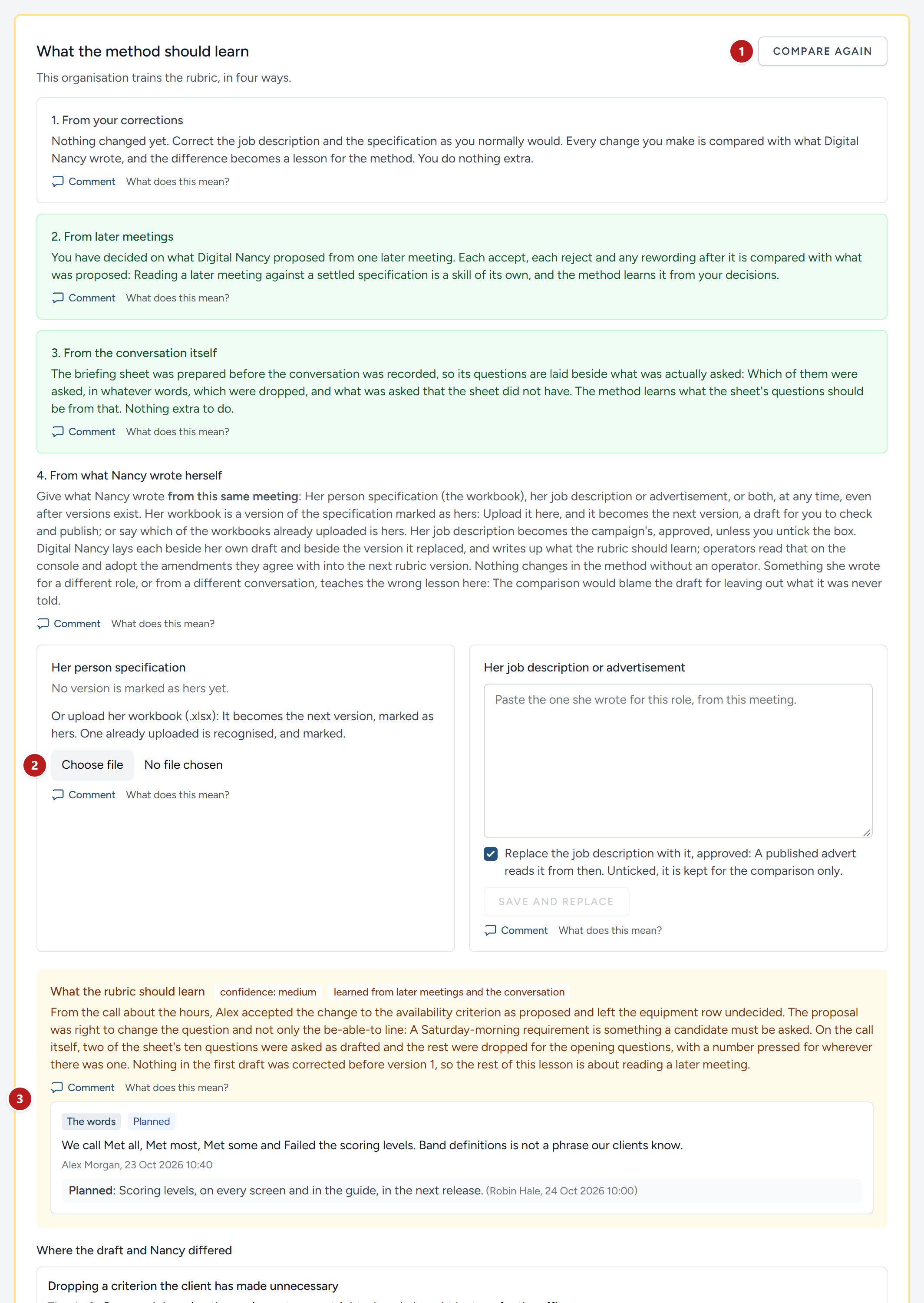 The last part of the example briefing: Where the method learns, and what it learned from this campaign.
