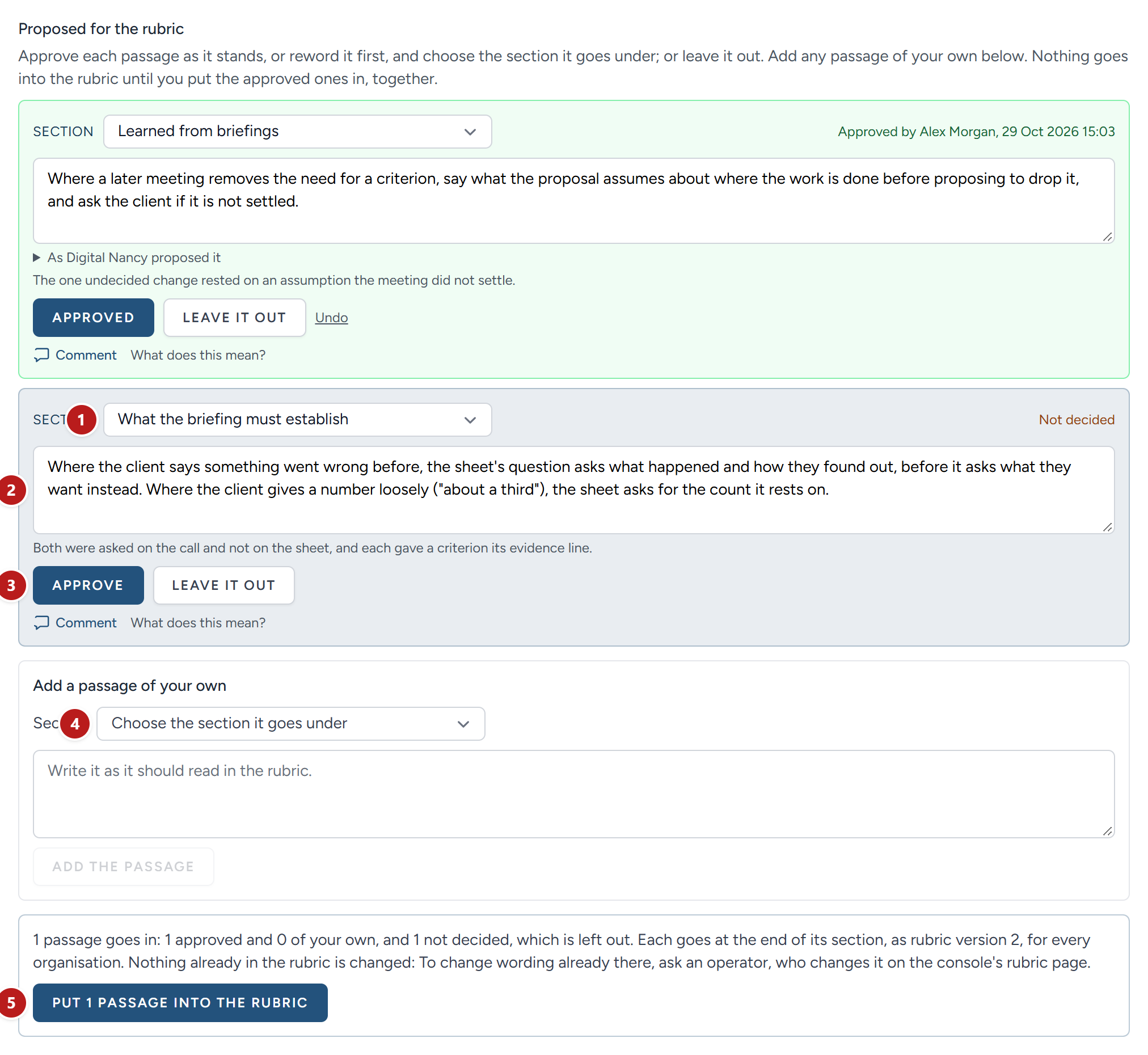 Deciding on what the example's lesson proposes: The first passage approved as reworded, the second still to decide, with its section, its wording and its buttons.
