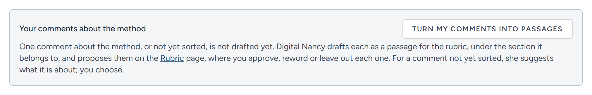 The example's comment about the method, waiting to be drafted as a passage for the rubric.