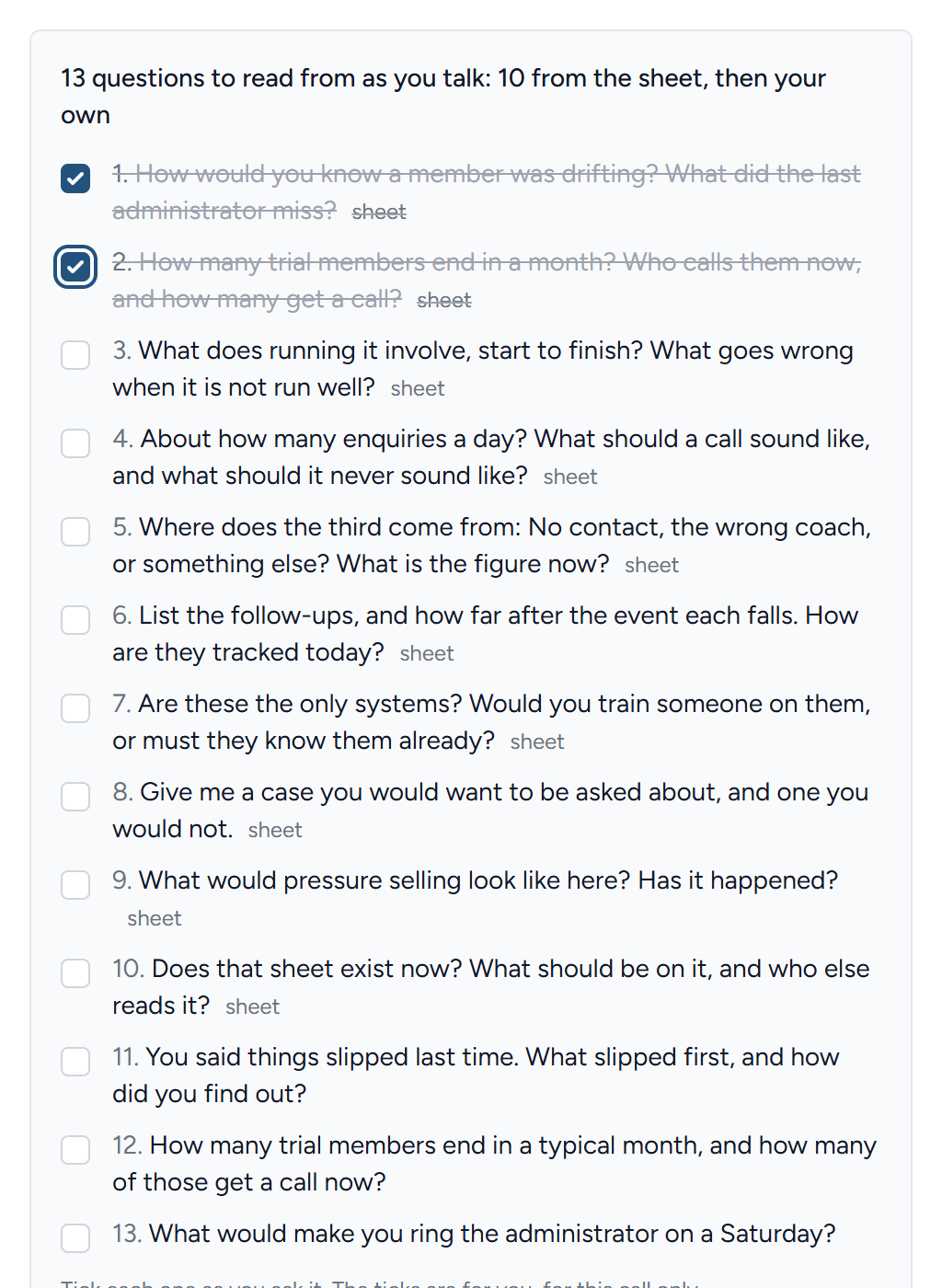 The questions to read from: The sheet's first, then Alex's own.
