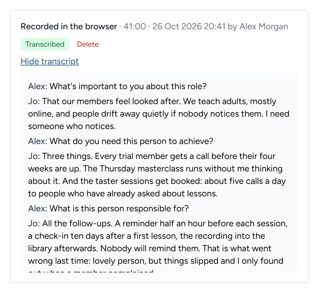 Part of the Northbridge transcript. Click Show transcript under any recording to read it.