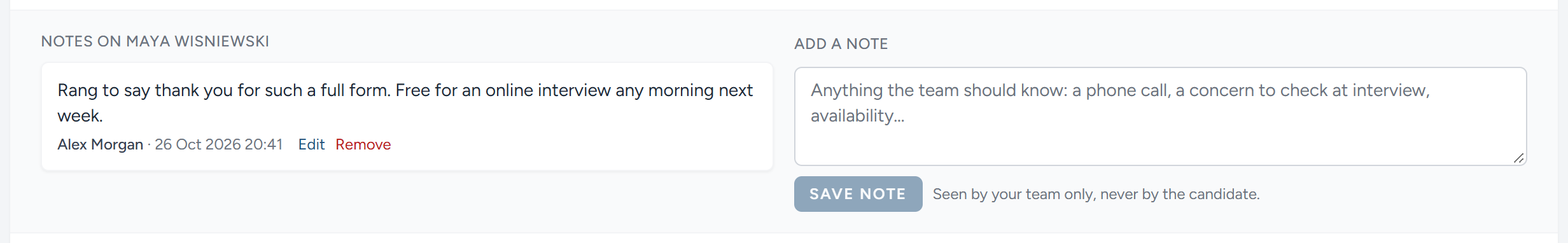 The notes on one candidate, opened from the campaign page.