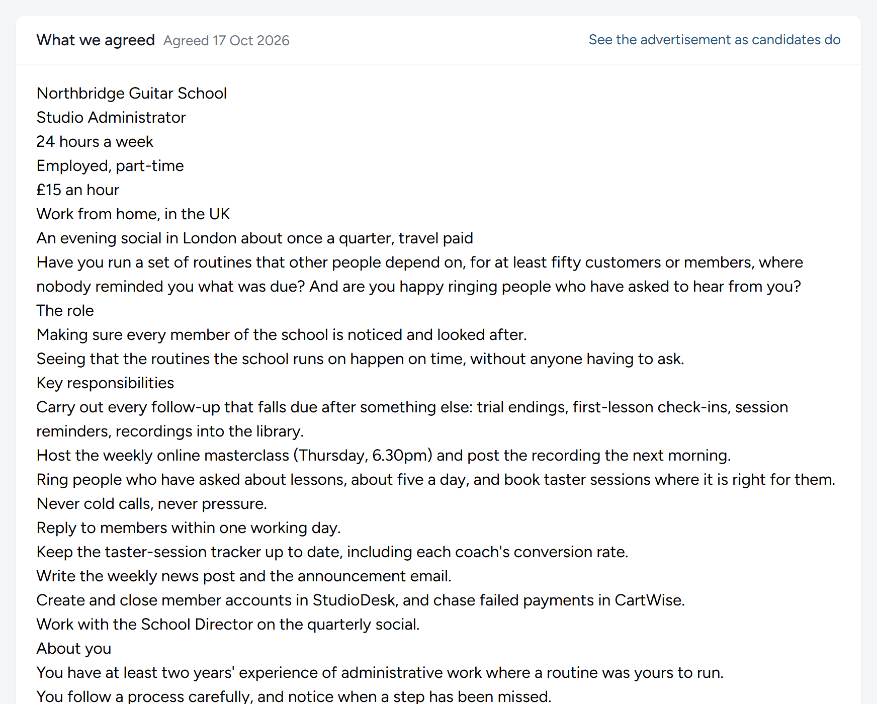 What we agreed, on the example school's campaign: The job description as it was agreed, and the link to the advertisement.