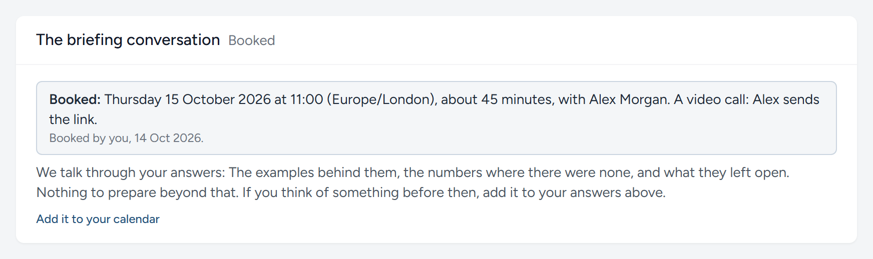 The briefing conversation on the example school's campaign: The time the director booked, with the calendar file to add.