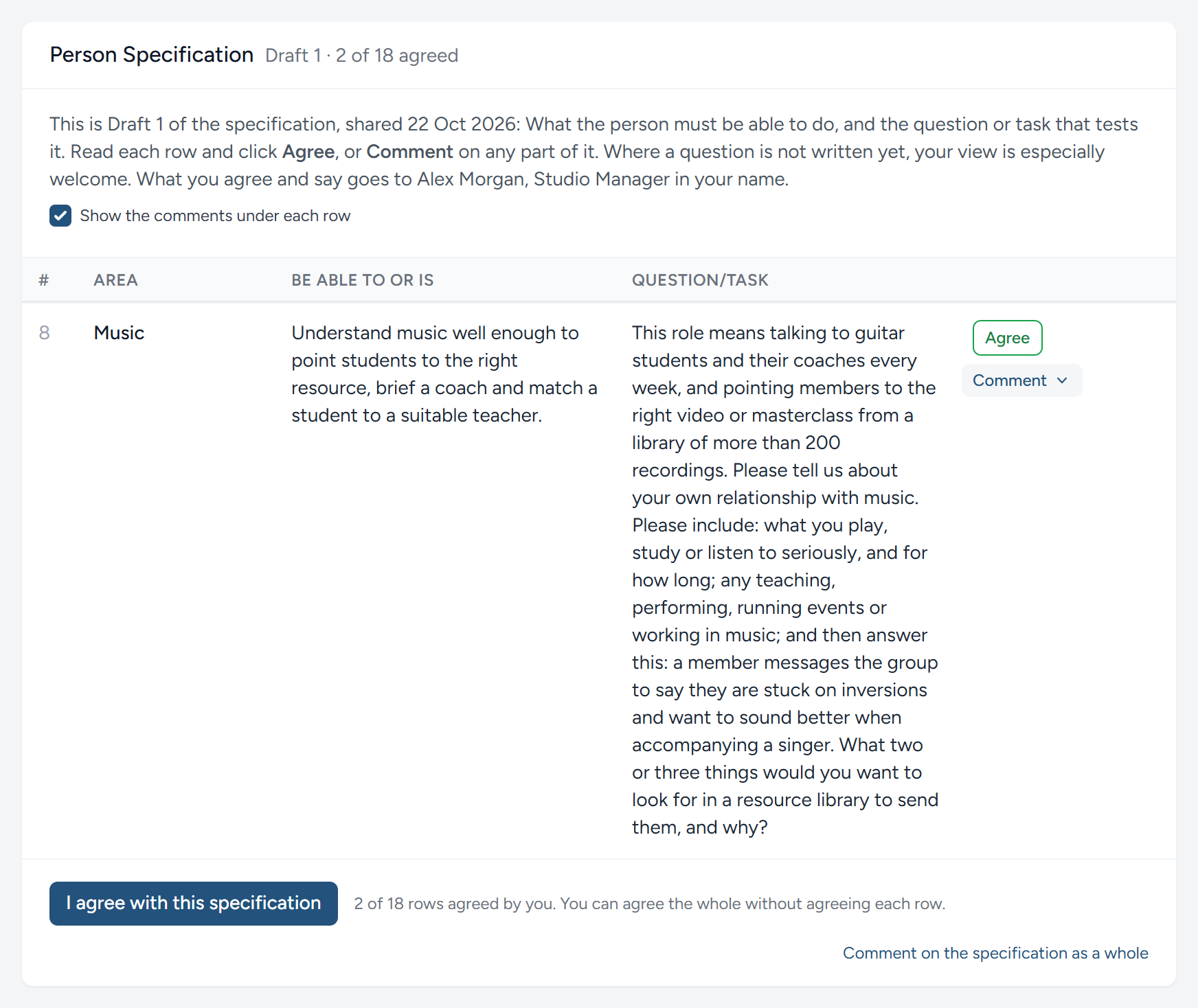 The Comment list open on row 8, Music: The four choices, with the row's own words under each part.
