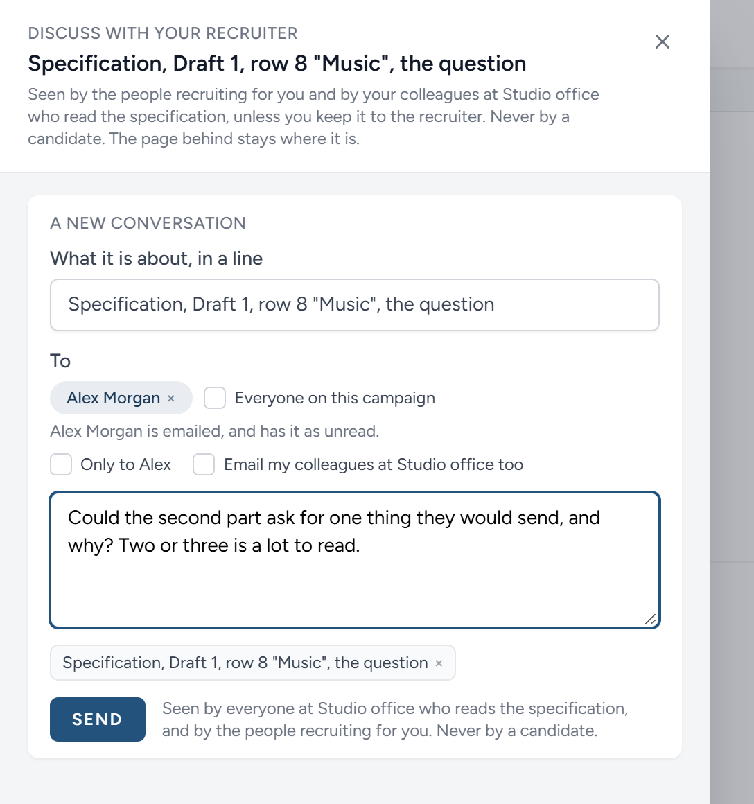 The panel on the question for Music, as the office manager writes to Alex: The link already made, the two ticks, and the line beside Send saying who will read it.