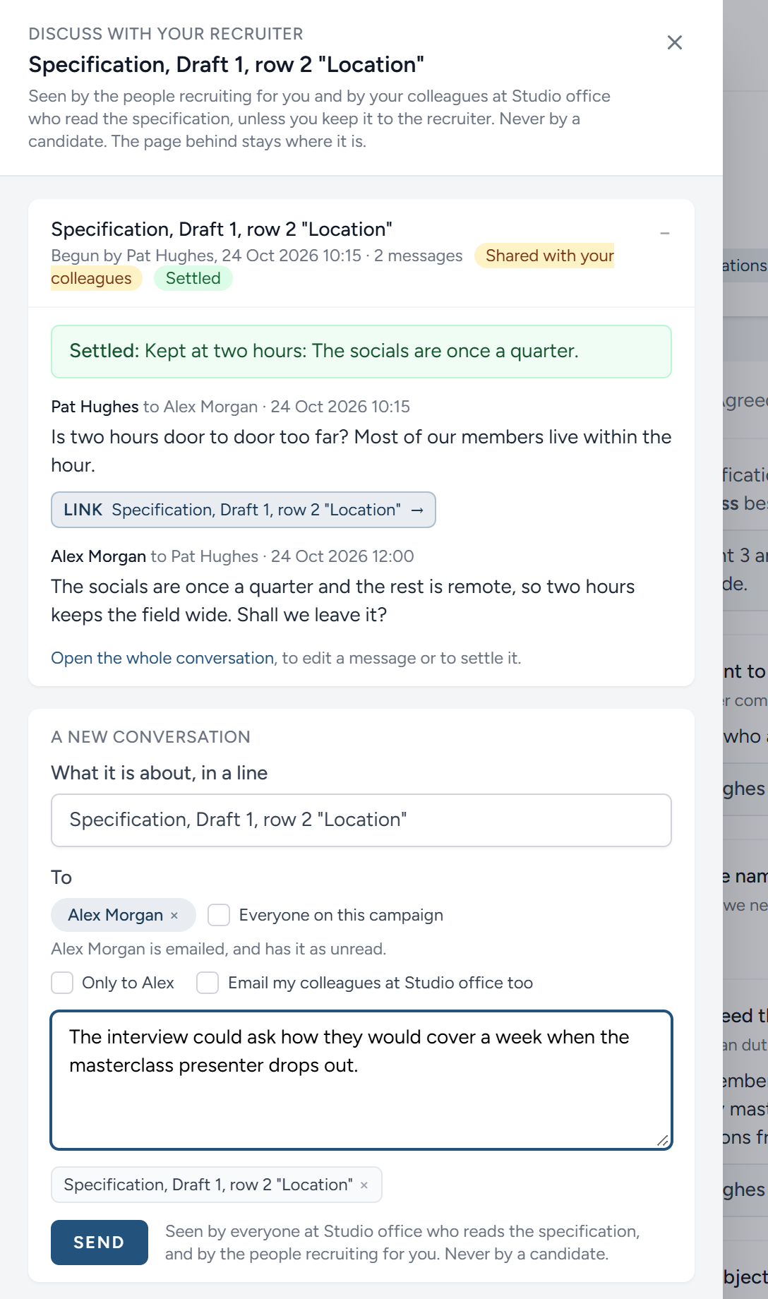 Beginning a comment on a row: Alex picked, the Only to Alex tick offered, and the line beside Send saying who will read it.
