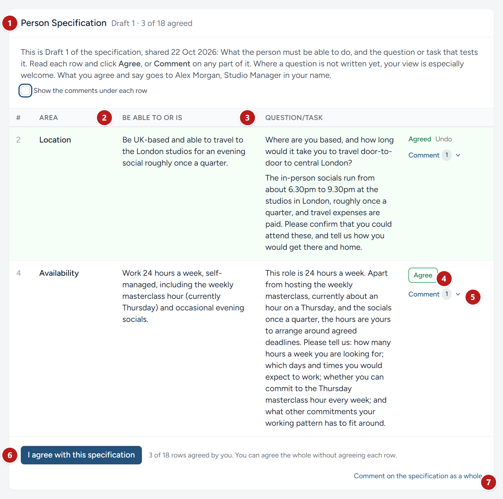 The Person Specification part as the example school's director reads it: Two rows kept, with each thing to click numbered.