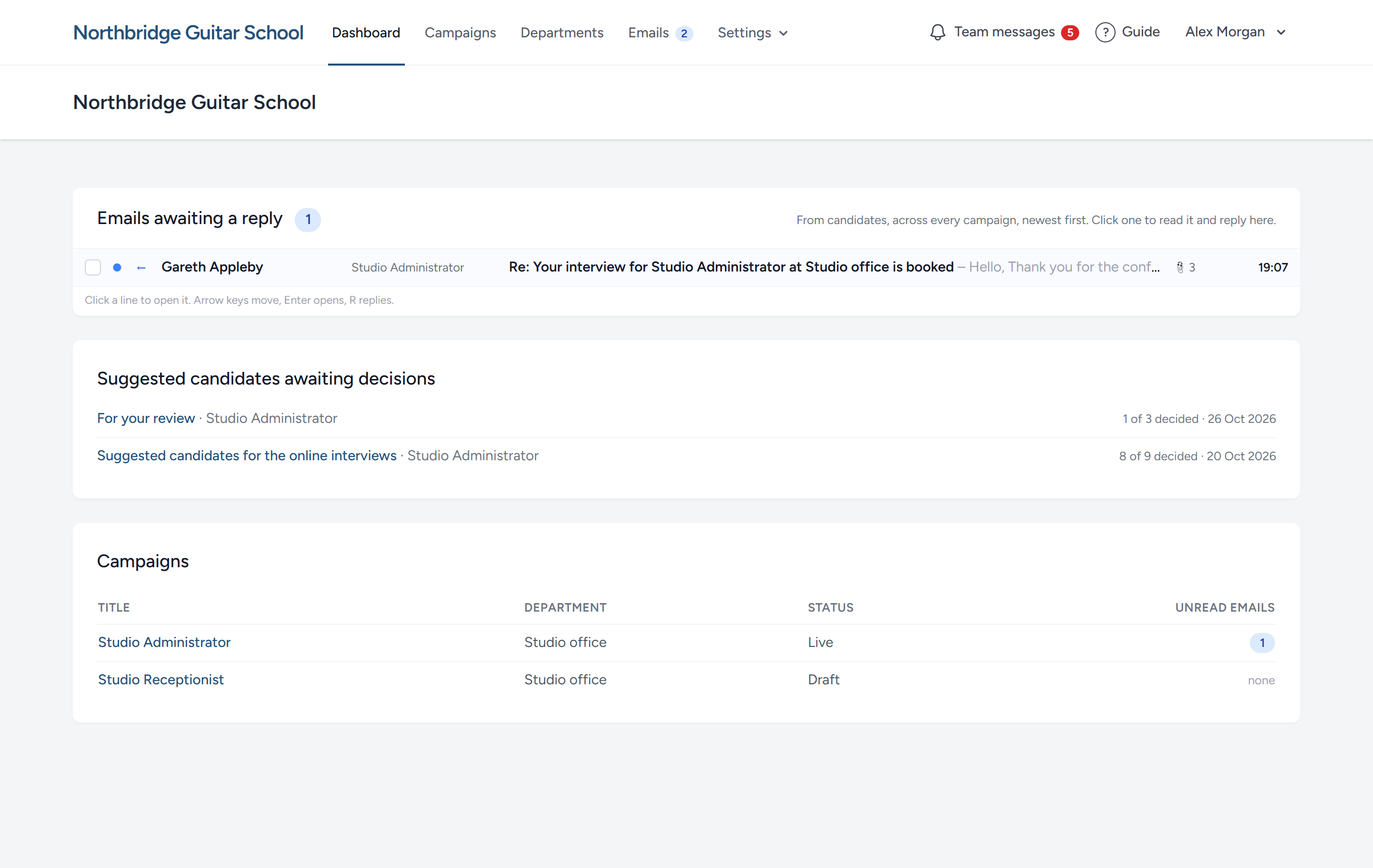 The dashboard of the example school: The emails waiting for an answer, the suggested candidates a client has still to decide on, and the campaigns.