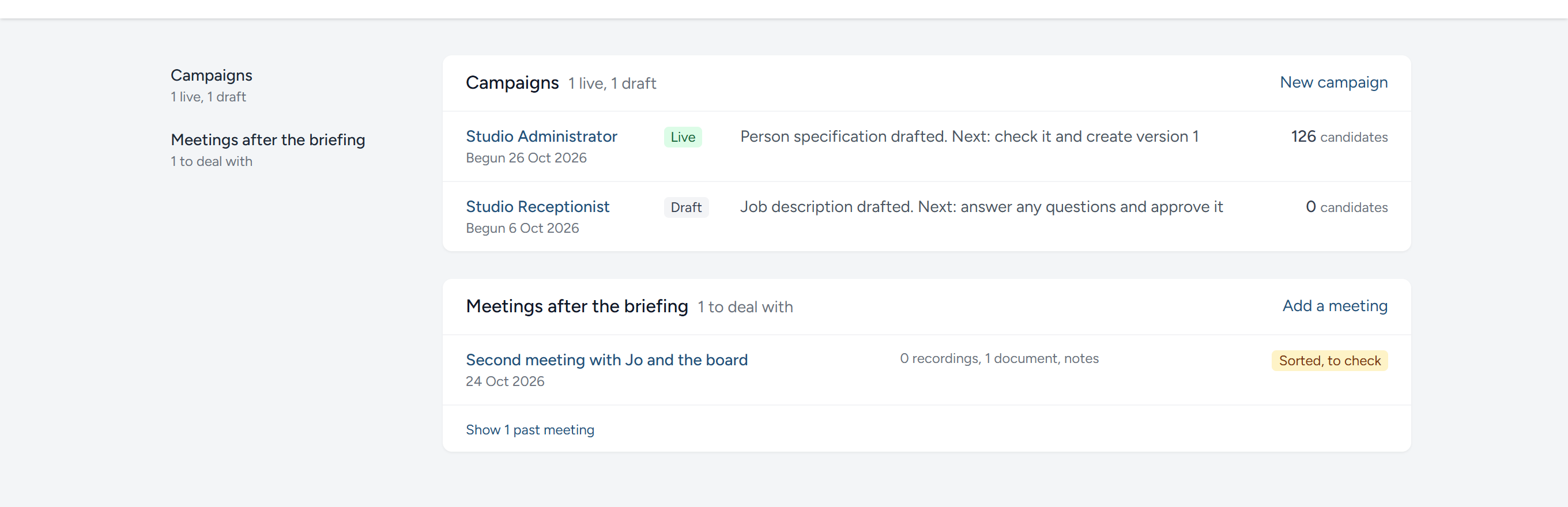 The example department's own page: Its campaigns, then the meetings after the briefing.