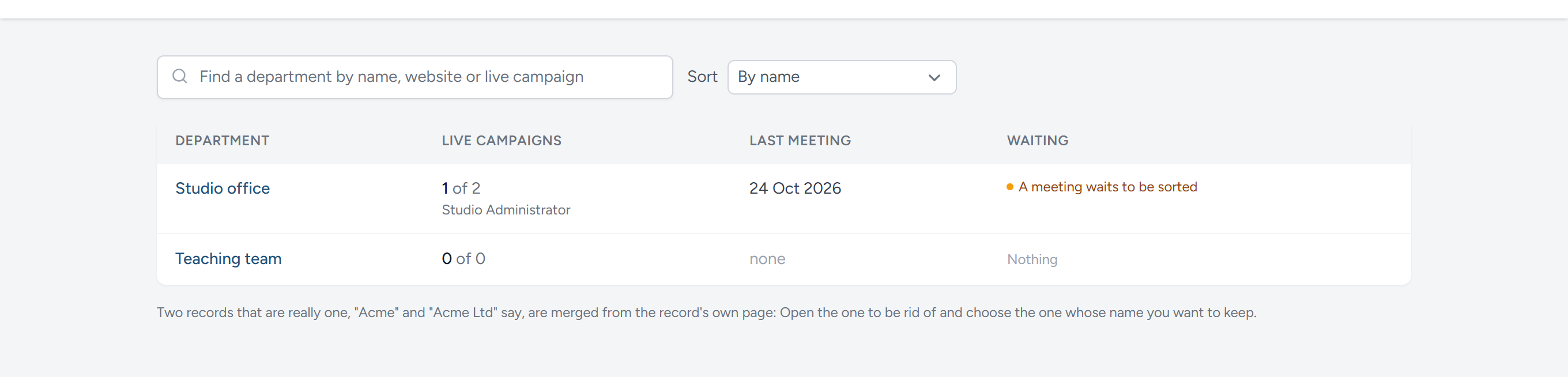 The Departments page of the example school, which hires for itself: A row for each department, with its live campaigns and what waits.