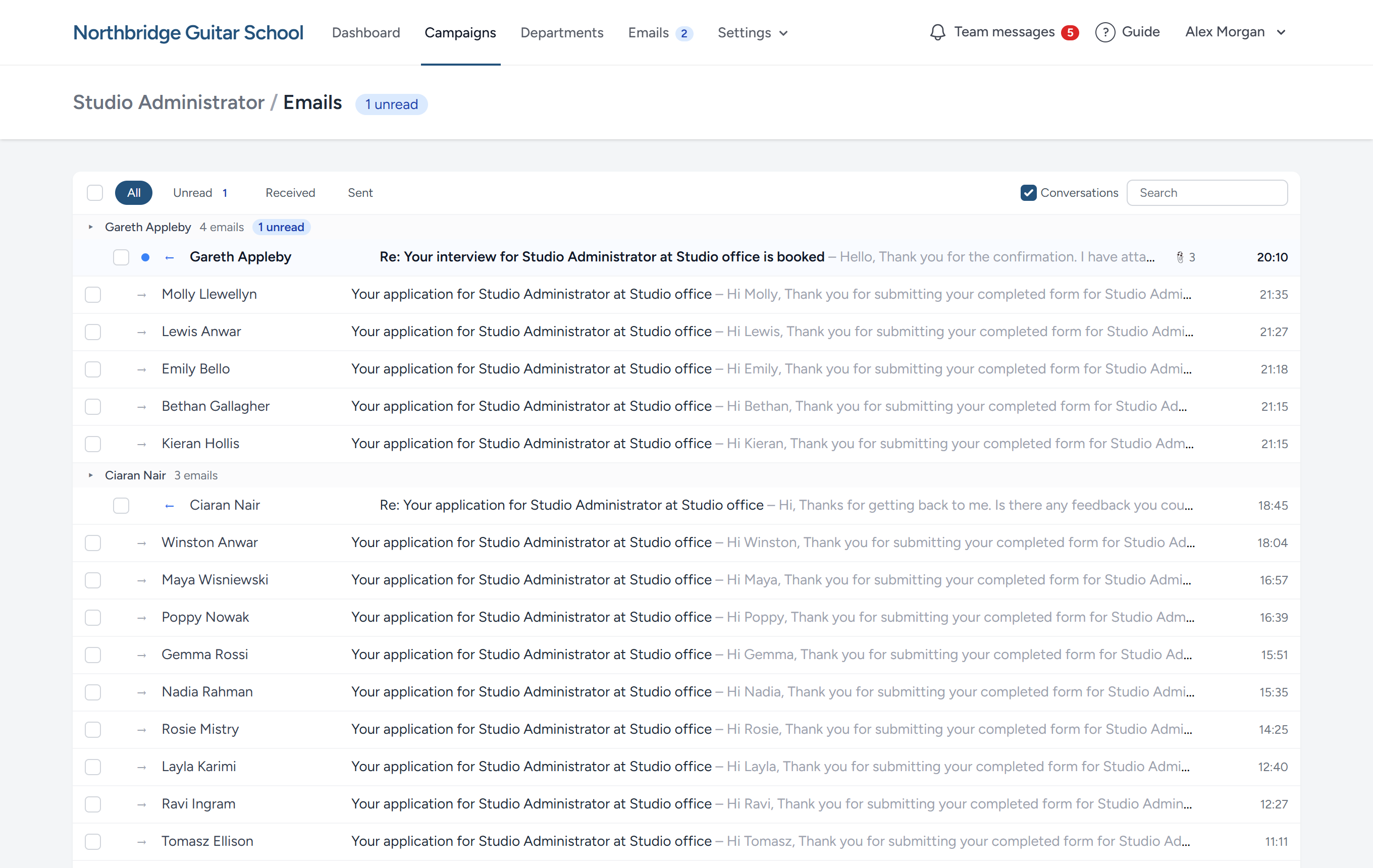 Every email in the Studio Administrator campaign, one line per candidate. One reply has not been read.
