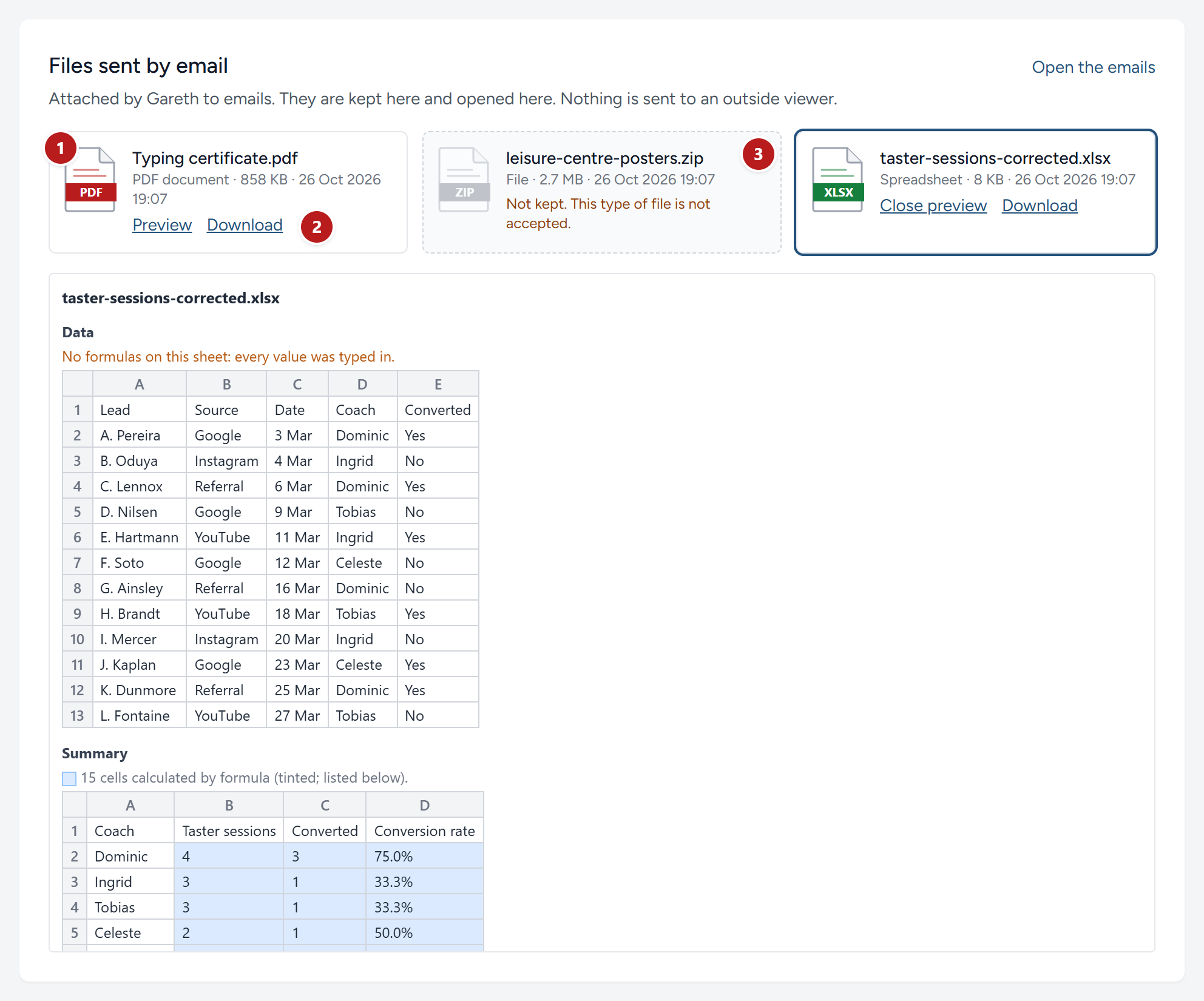 The files Gareth has sent by email, on his scoring page. The spreadsheet is open in a preview.