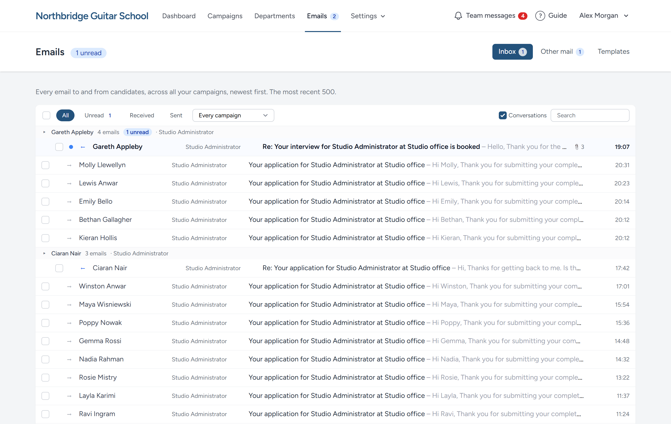 The organisation's inbox: Every campaign's emails on one page.
