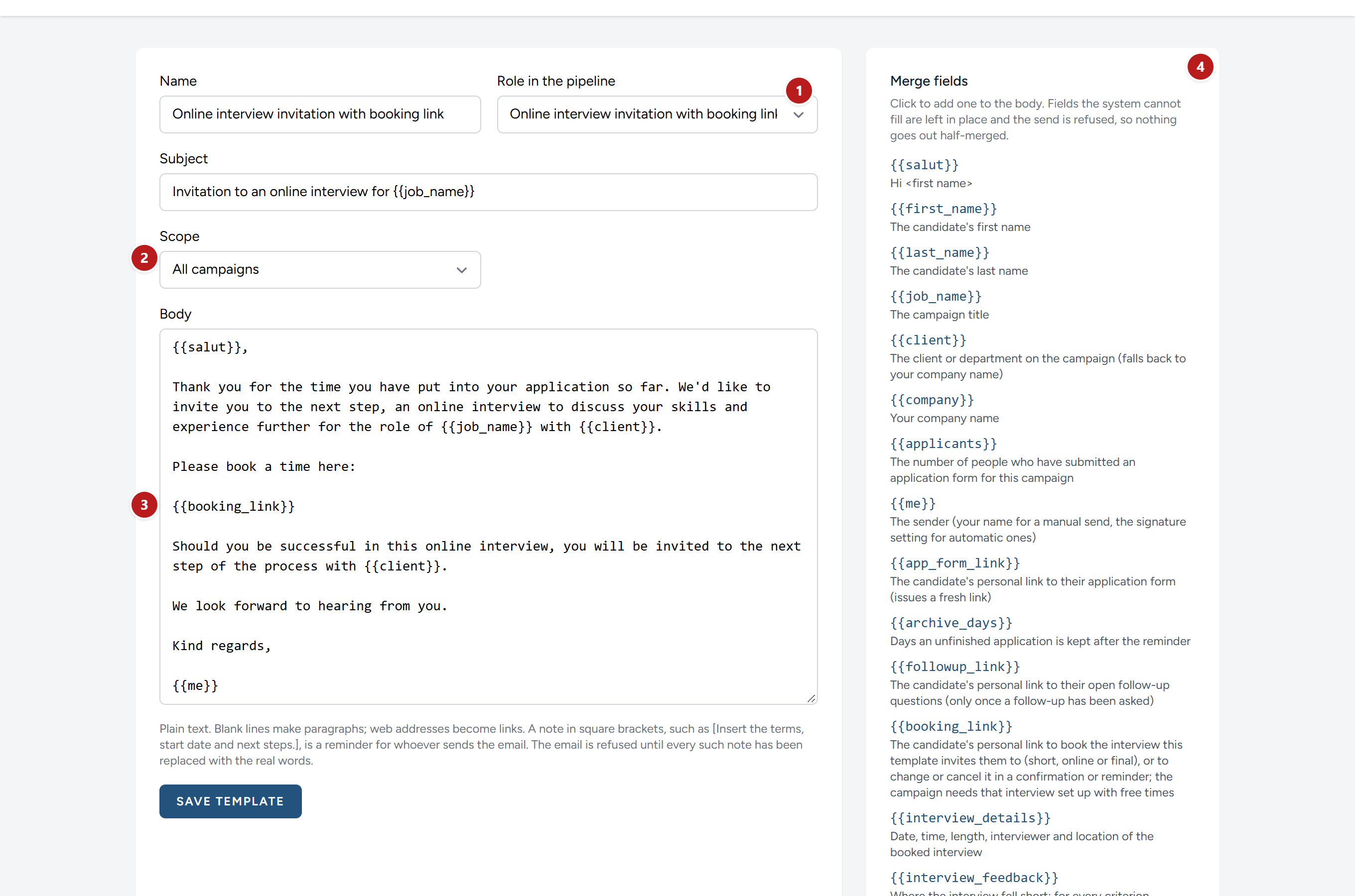The template that invites a candidate to the online interview.