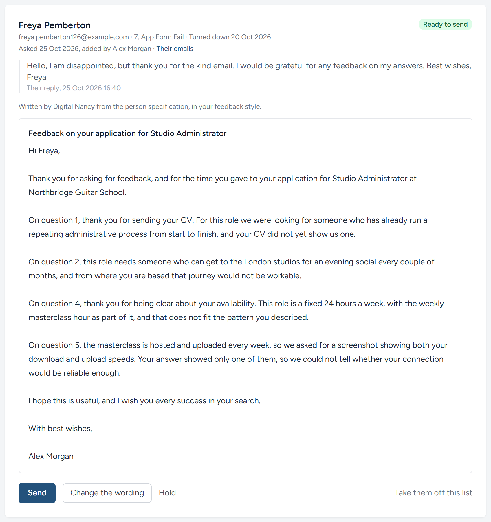 A letter prepared for a candidate who asked for feedback, written from the person specification and waiting for a person to send it.