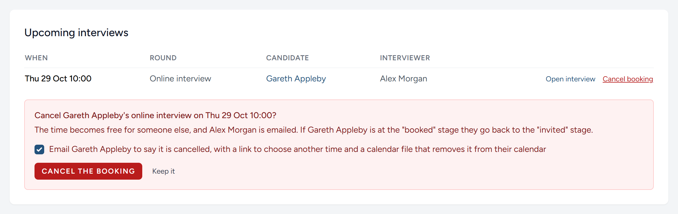 Cancelling a booking. The panel says what will happen before you agree to it.