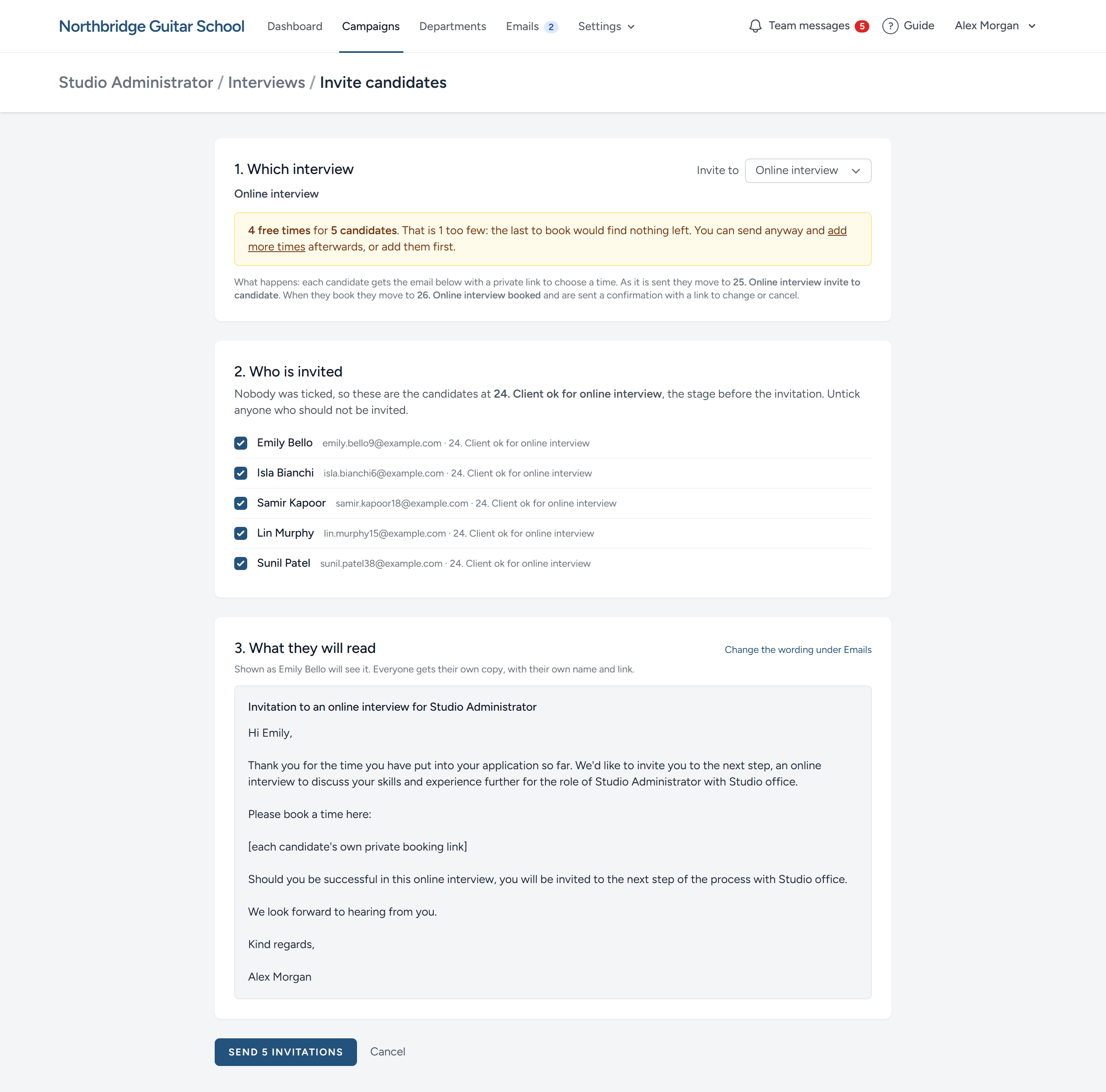 Inviting four candidates to the online interview. Everything that decides whether the invitation will work is shown before anything is sent.