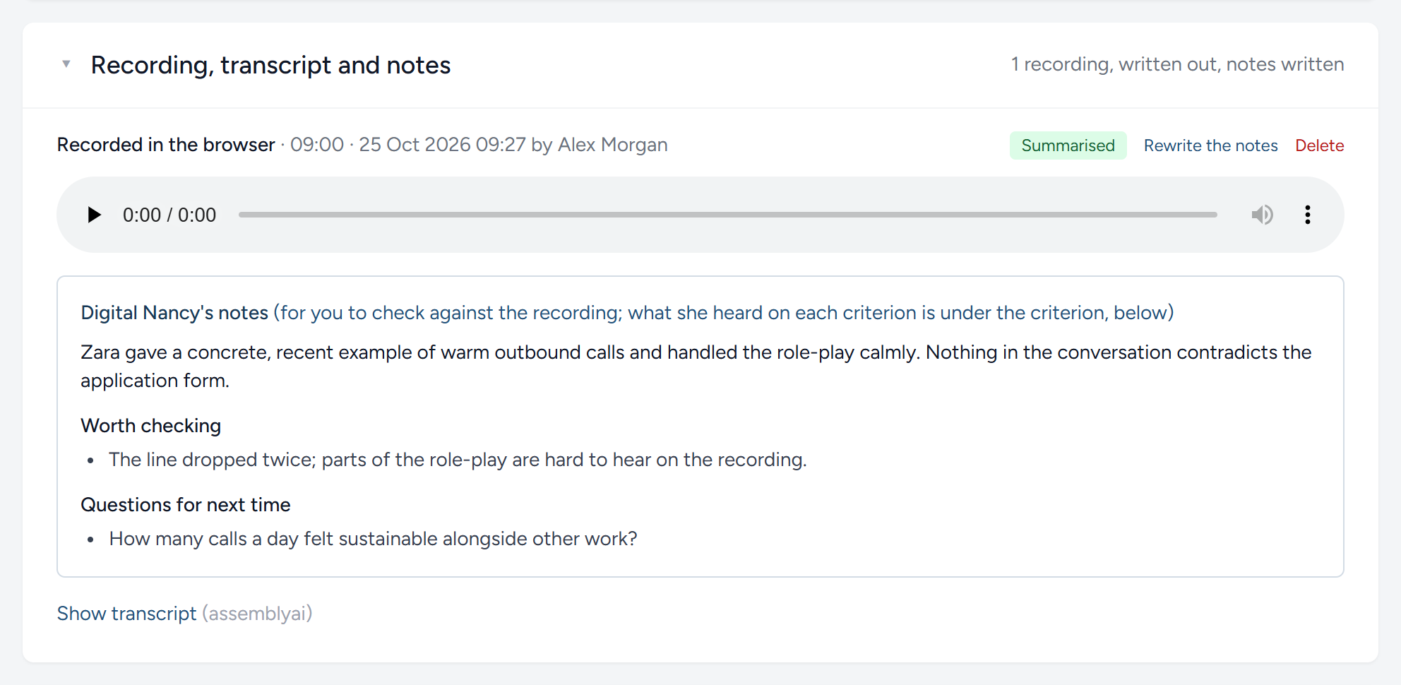 Notes written from a recorded online interview, for the interviewer to check.