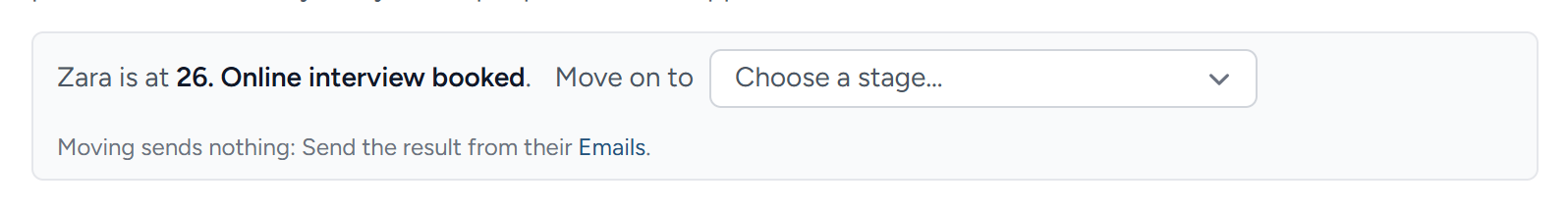 Moving a candidate on from the interview page.
