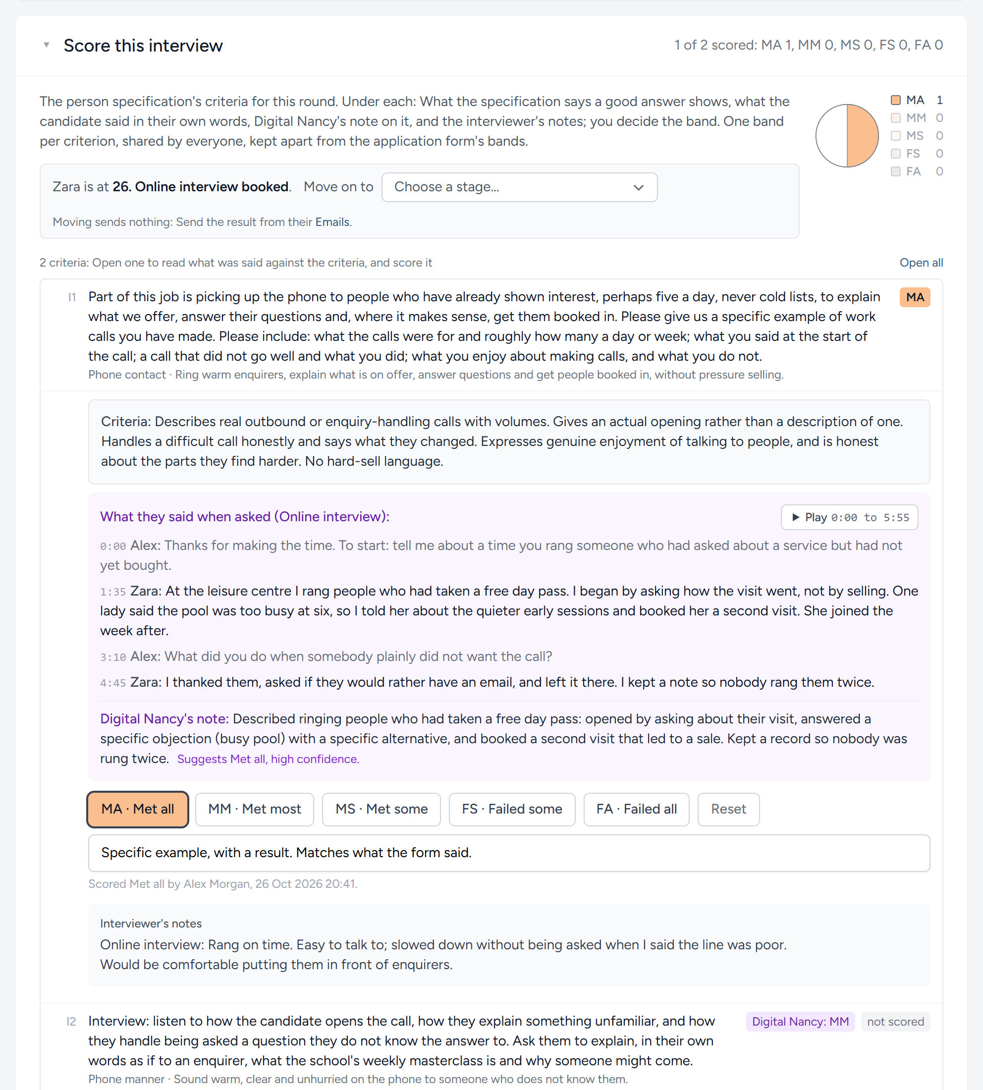 The criteria the online interview tests, one line each, with one open to be scored.
