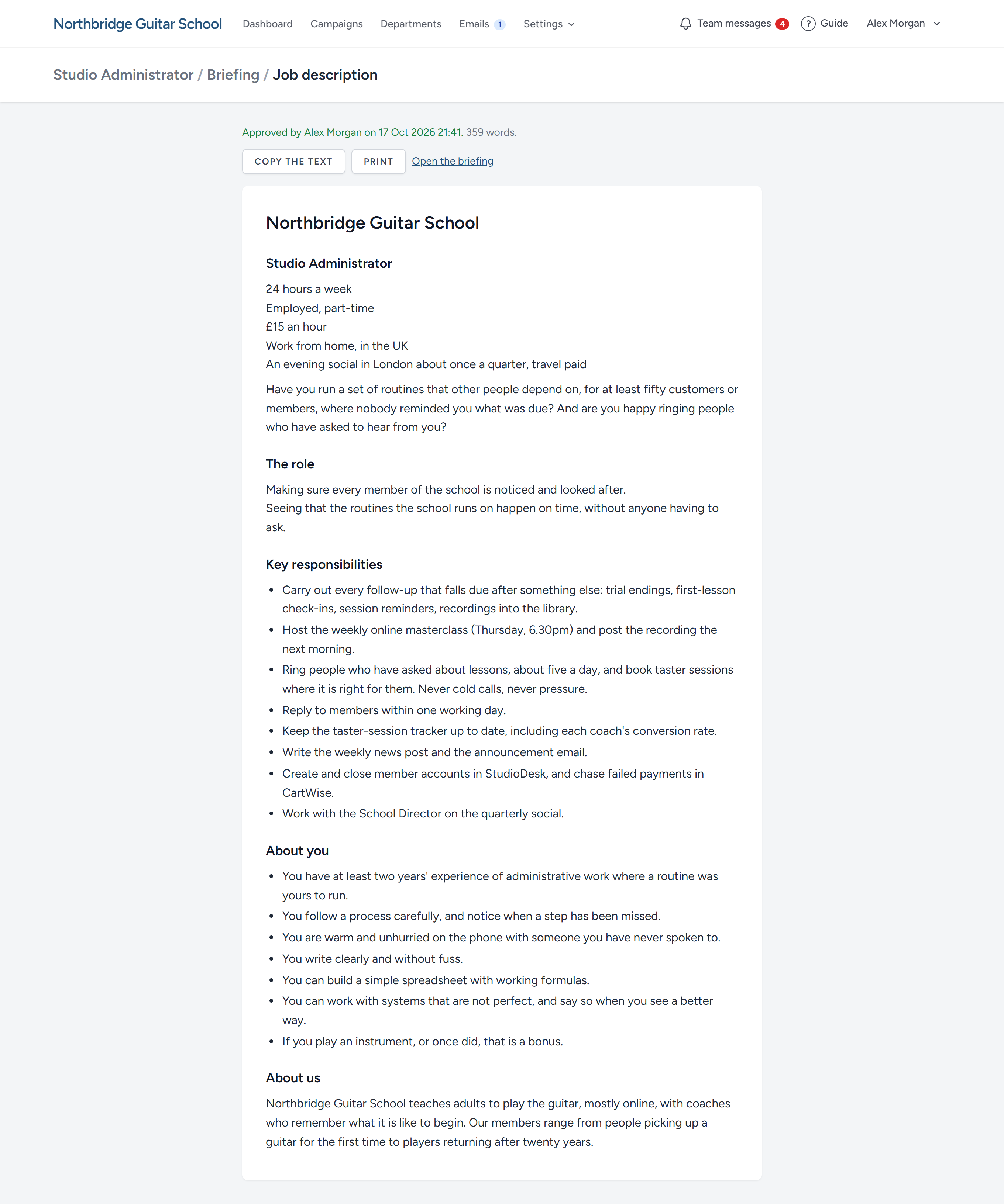 The Studio Administrator's job description, set out as a page.