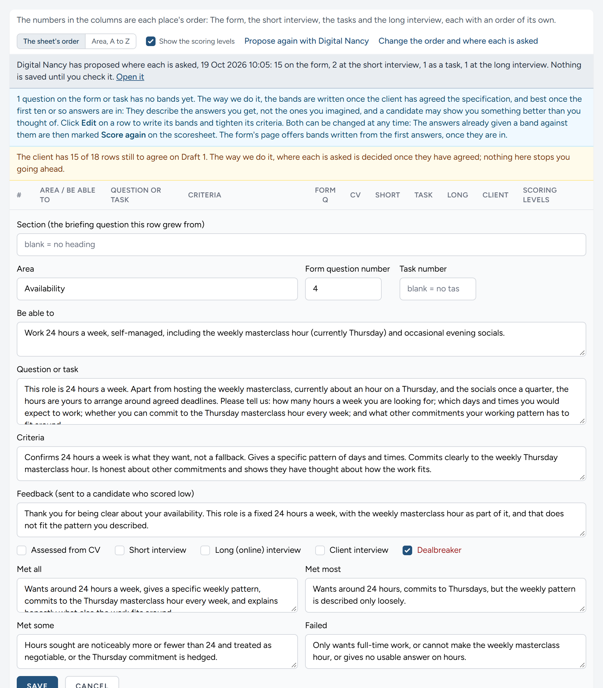 The Studio Administrator's specification: Its criteria under the opening questions, with a column for each place they are tested.