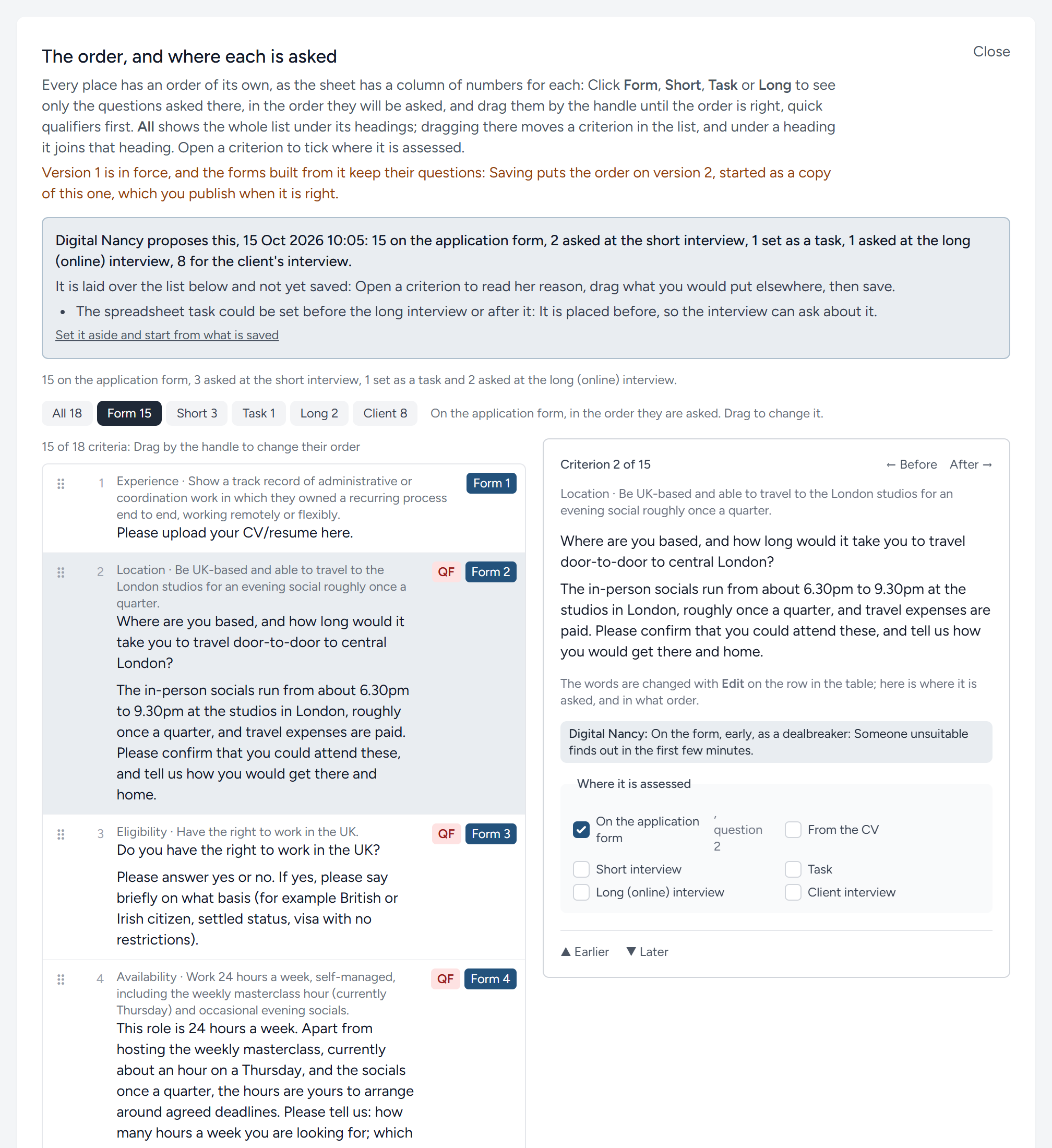 Digital Nancy's proposal laid over the order view: The Form view in the order she proposes, with the Location criterion open and her reason under it.