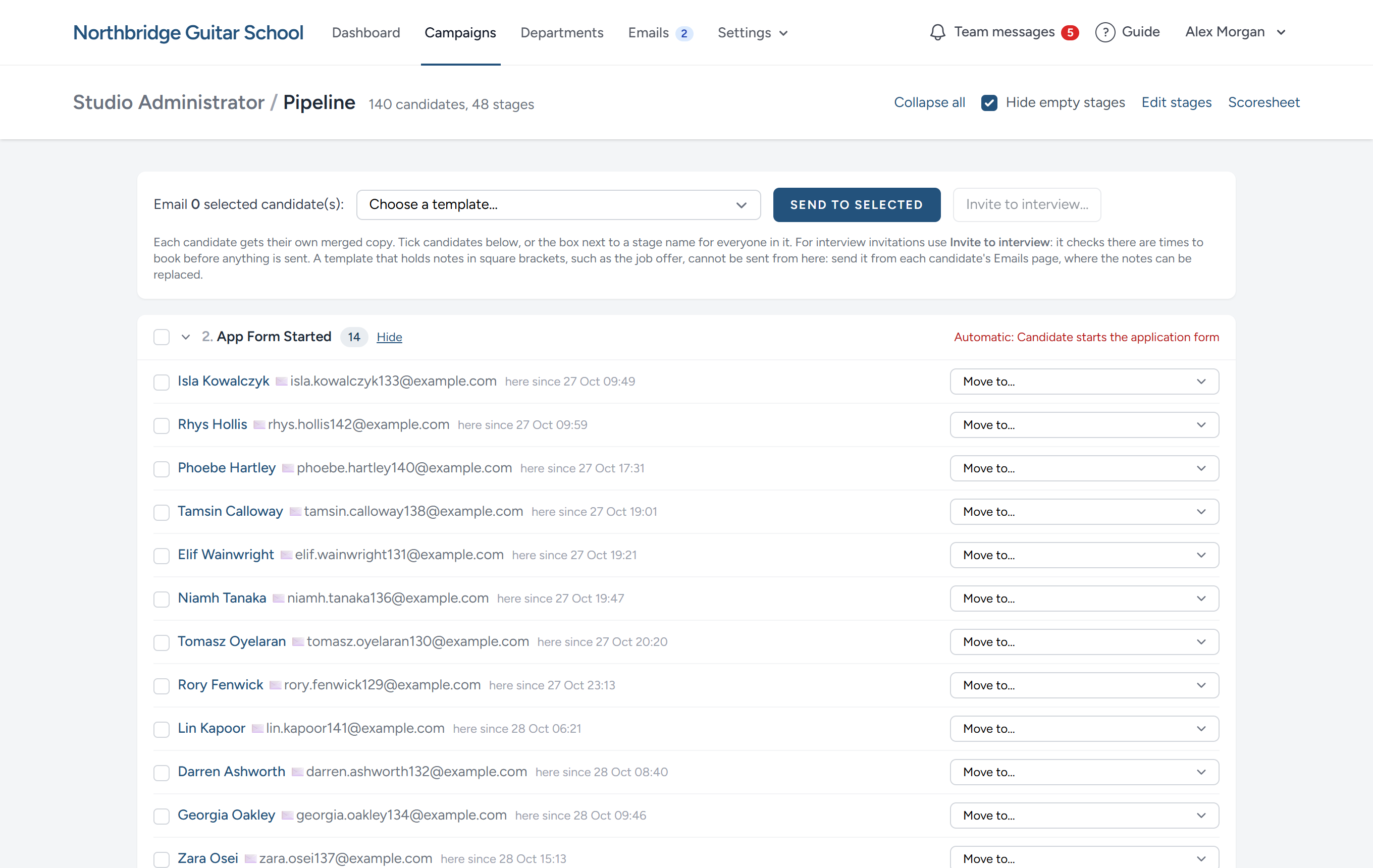 The pipeline board. Each stage opens to show who is in it; ticking people lets you email them all at once.