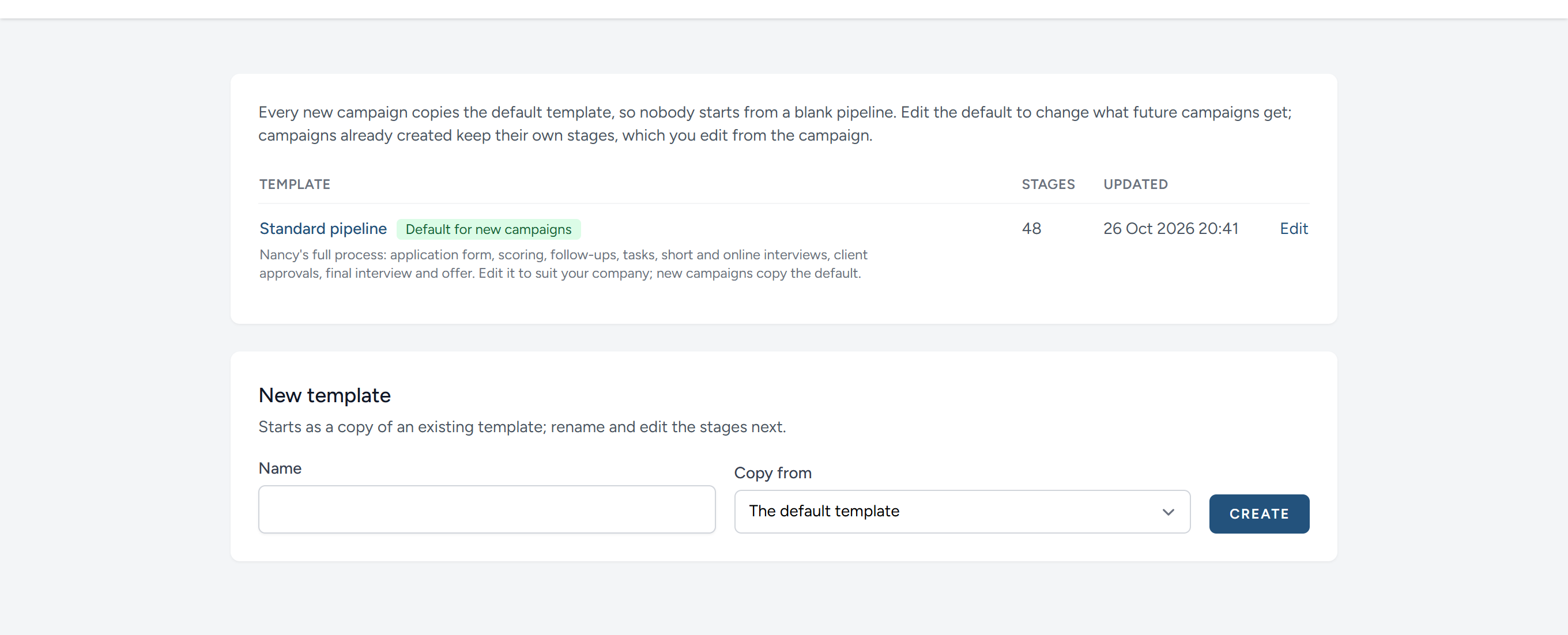 Pipeline templates. New campaigns copy the default.