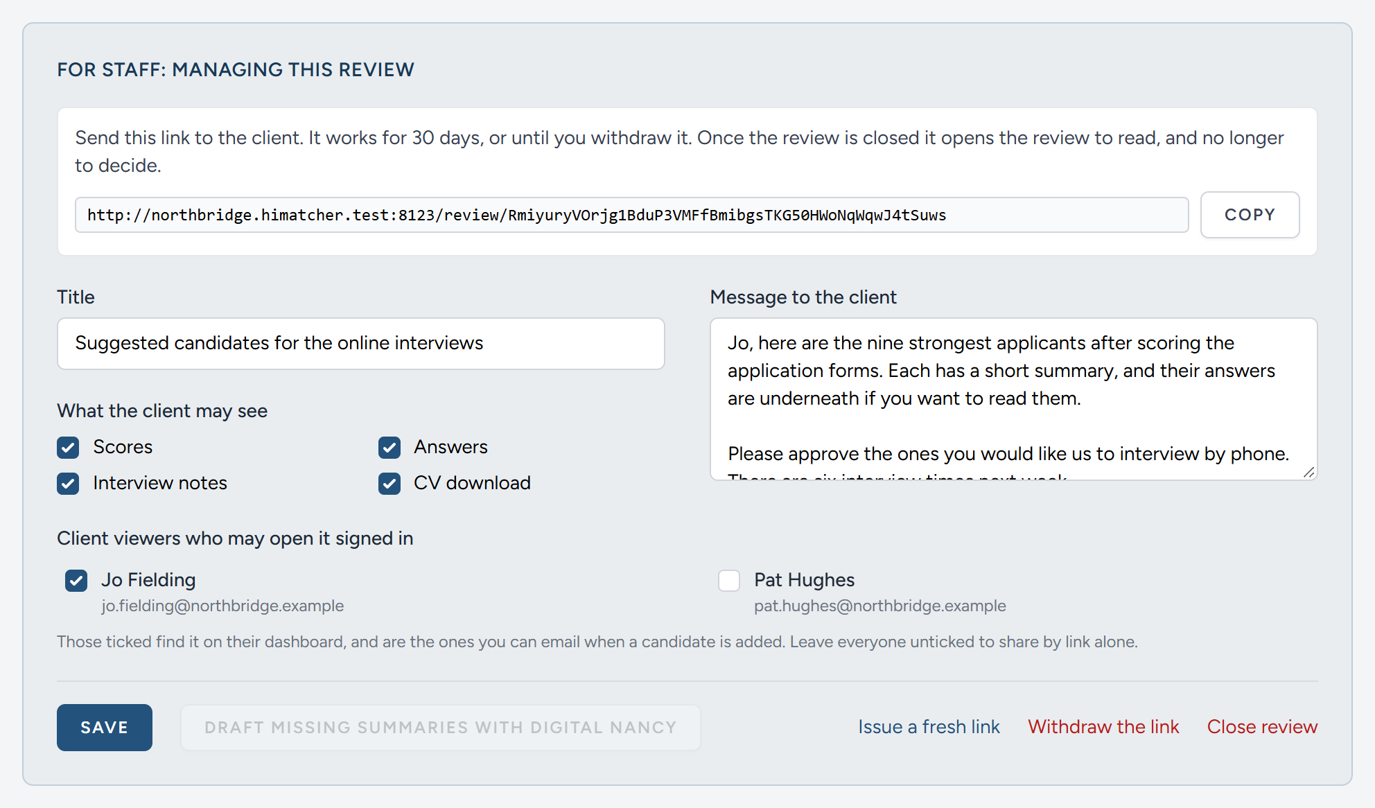 The staff panel at the top of a review. The link is shown here at the moment it is made.