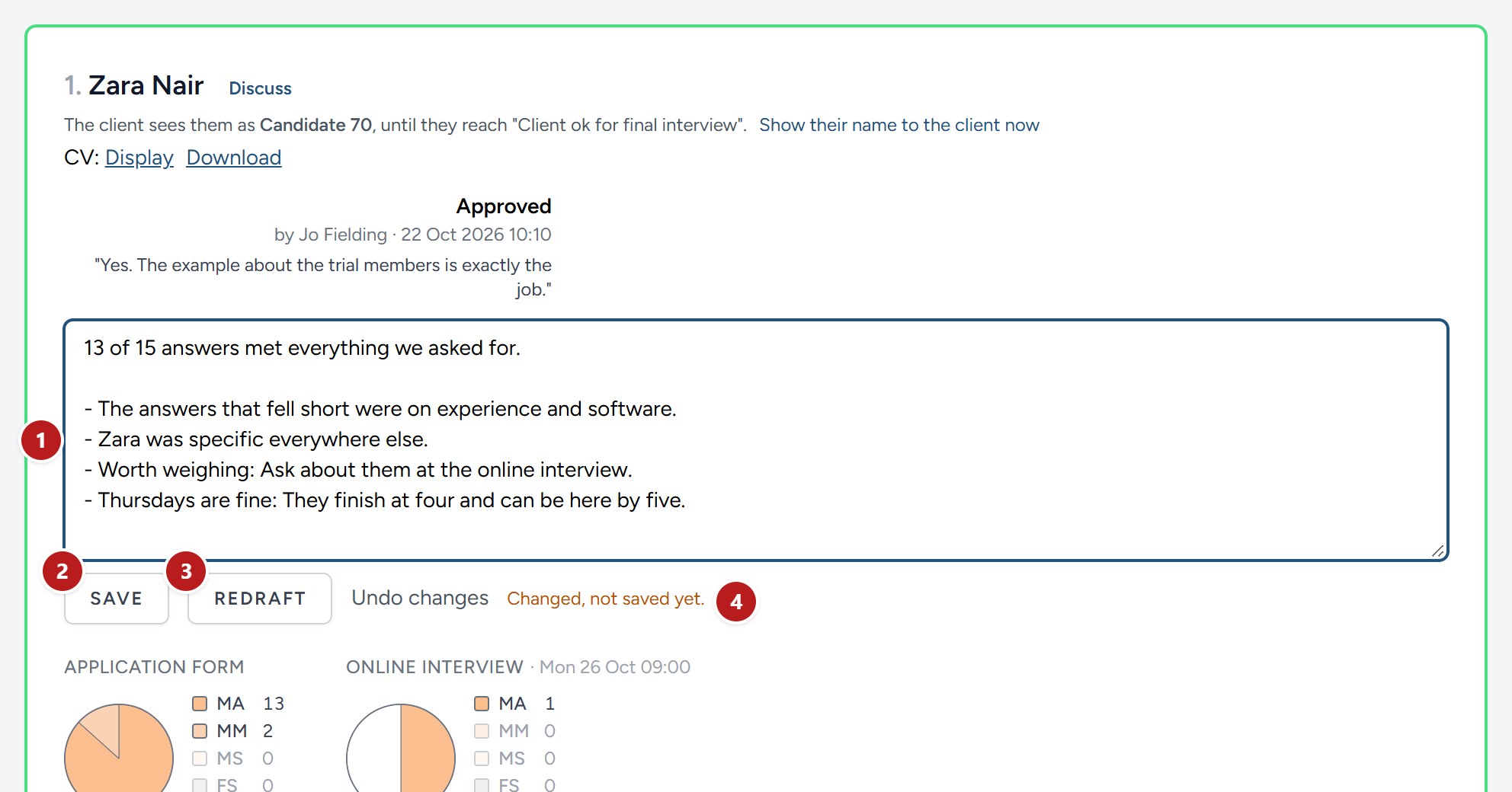 One candidate's summary on the review, as the team has it, with its buttons underneath.