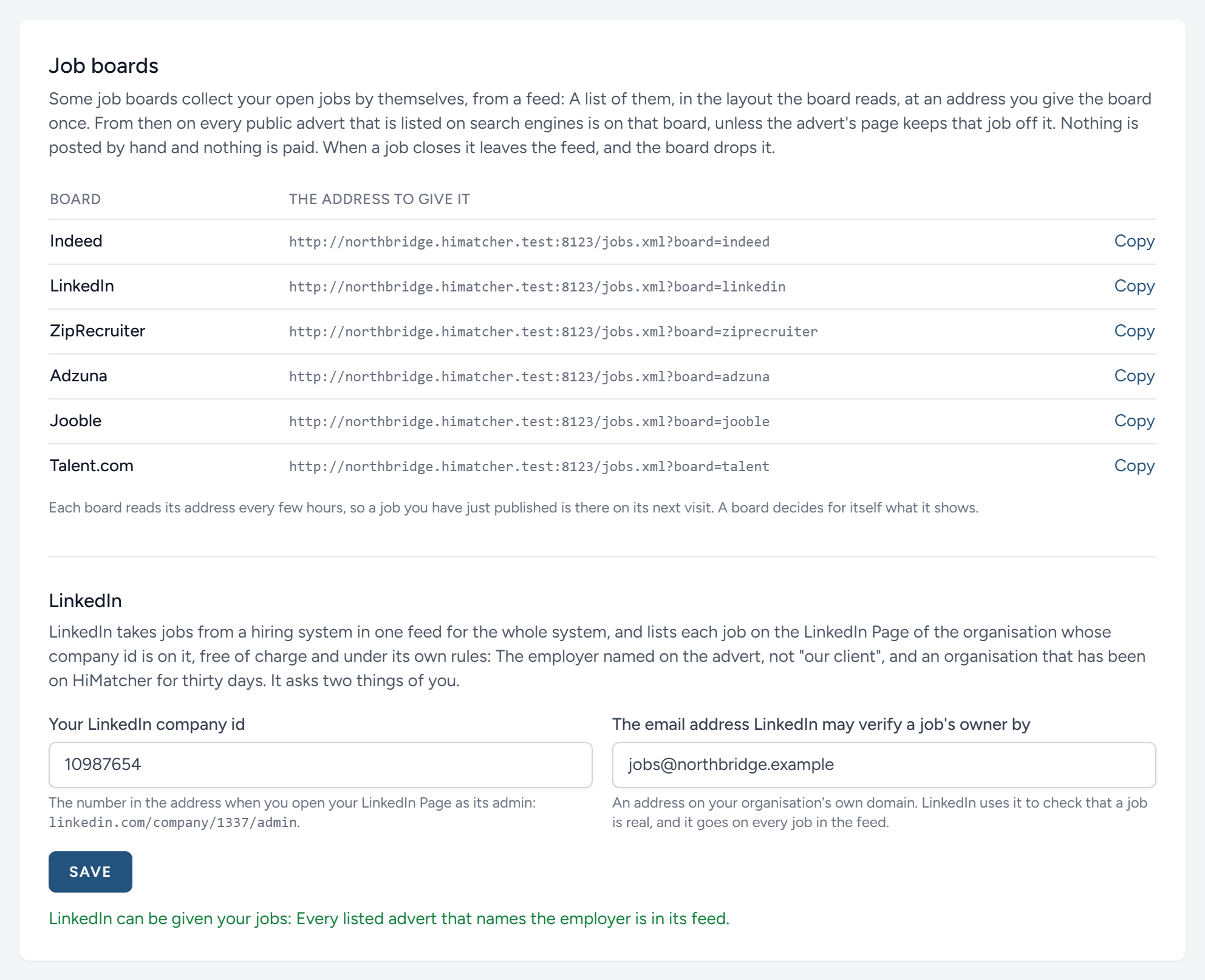 The Job boards tab: An address for each board, and what LinkedIn asks for.