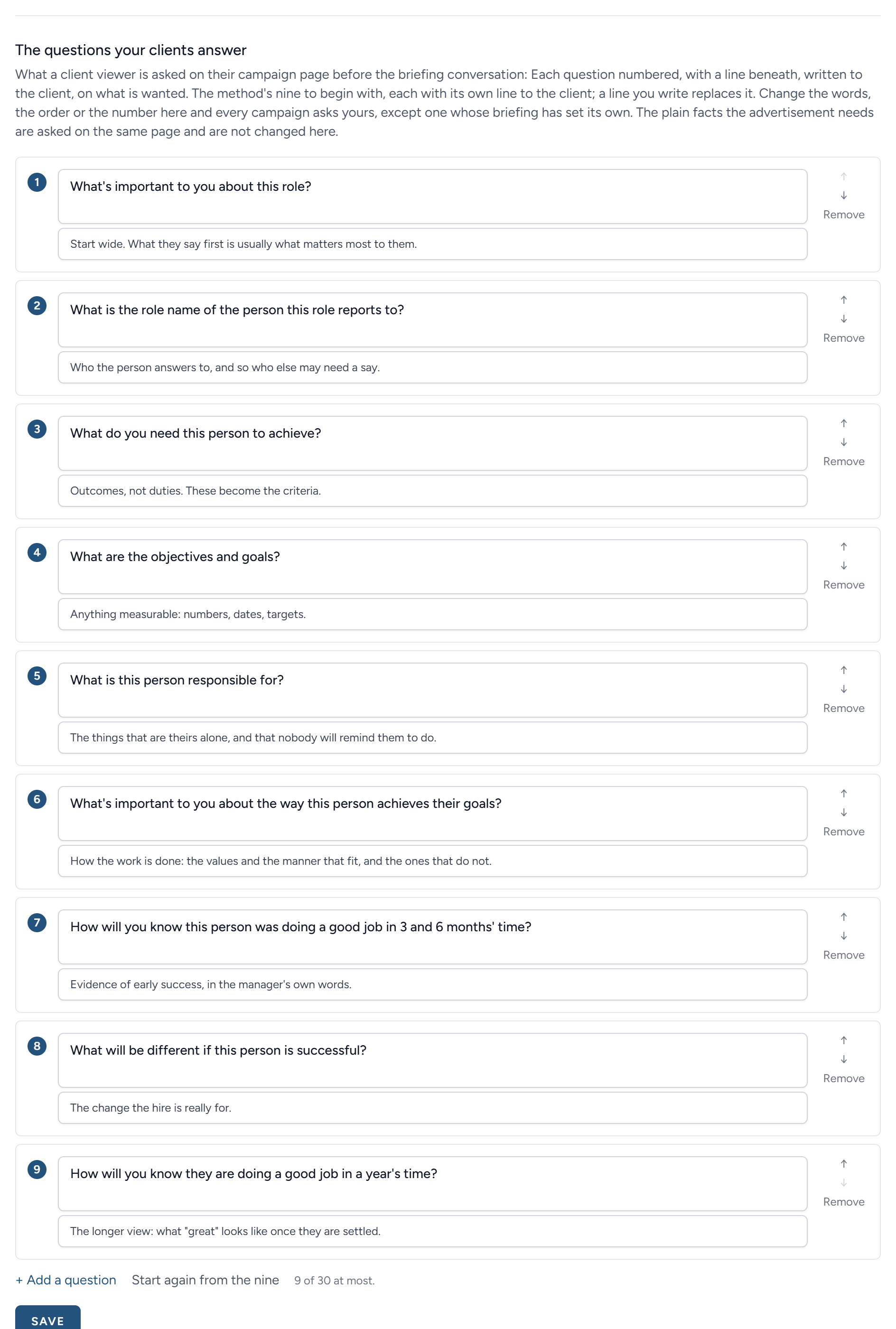 The questions your clients answer, as the settings page shows them: The method's nine, each with its line on why, to change, reorder, add to or cut.