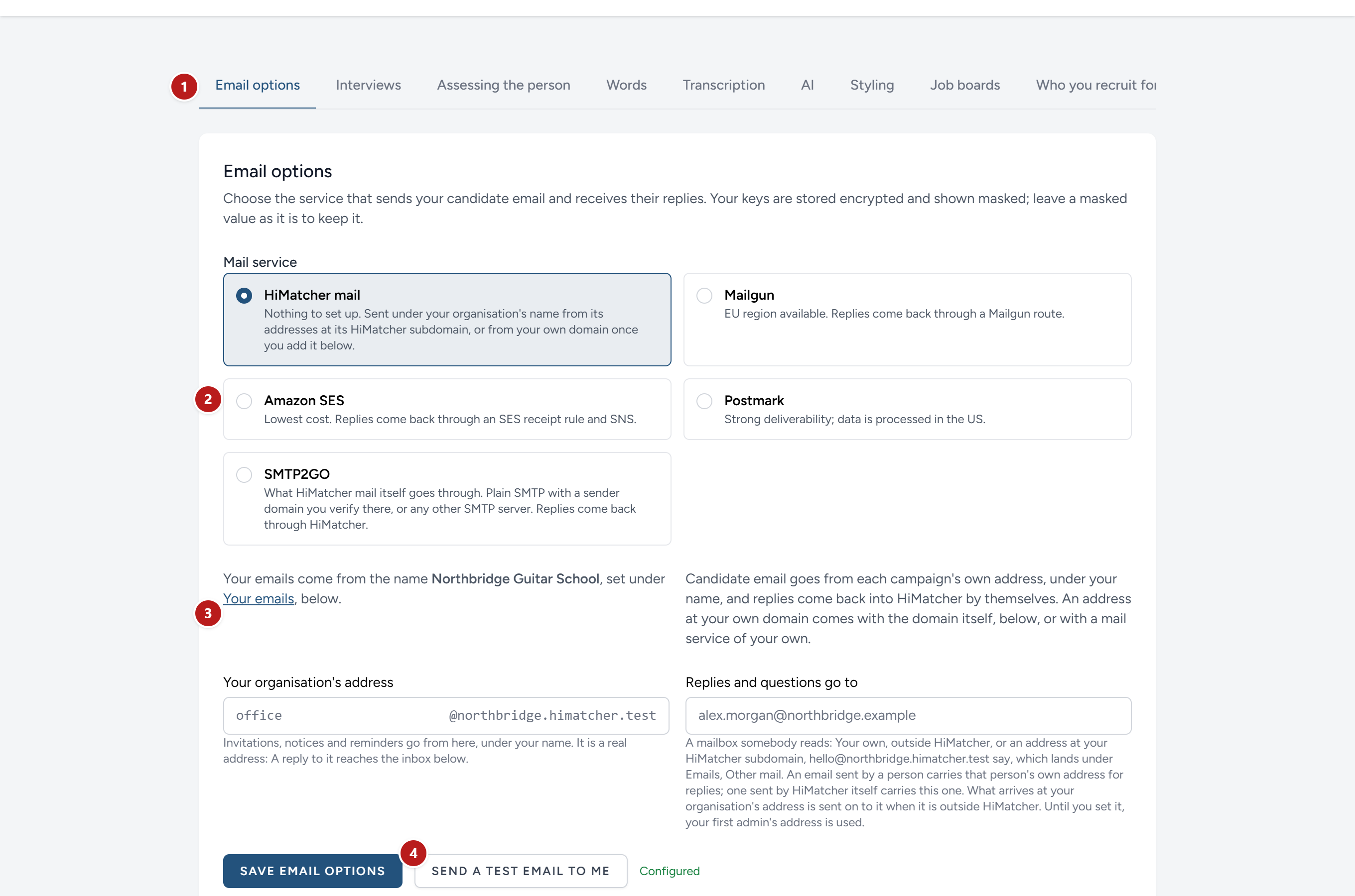 Config opens the settings on Email options.