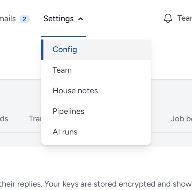 Settings opened from the bar, on the Config page.