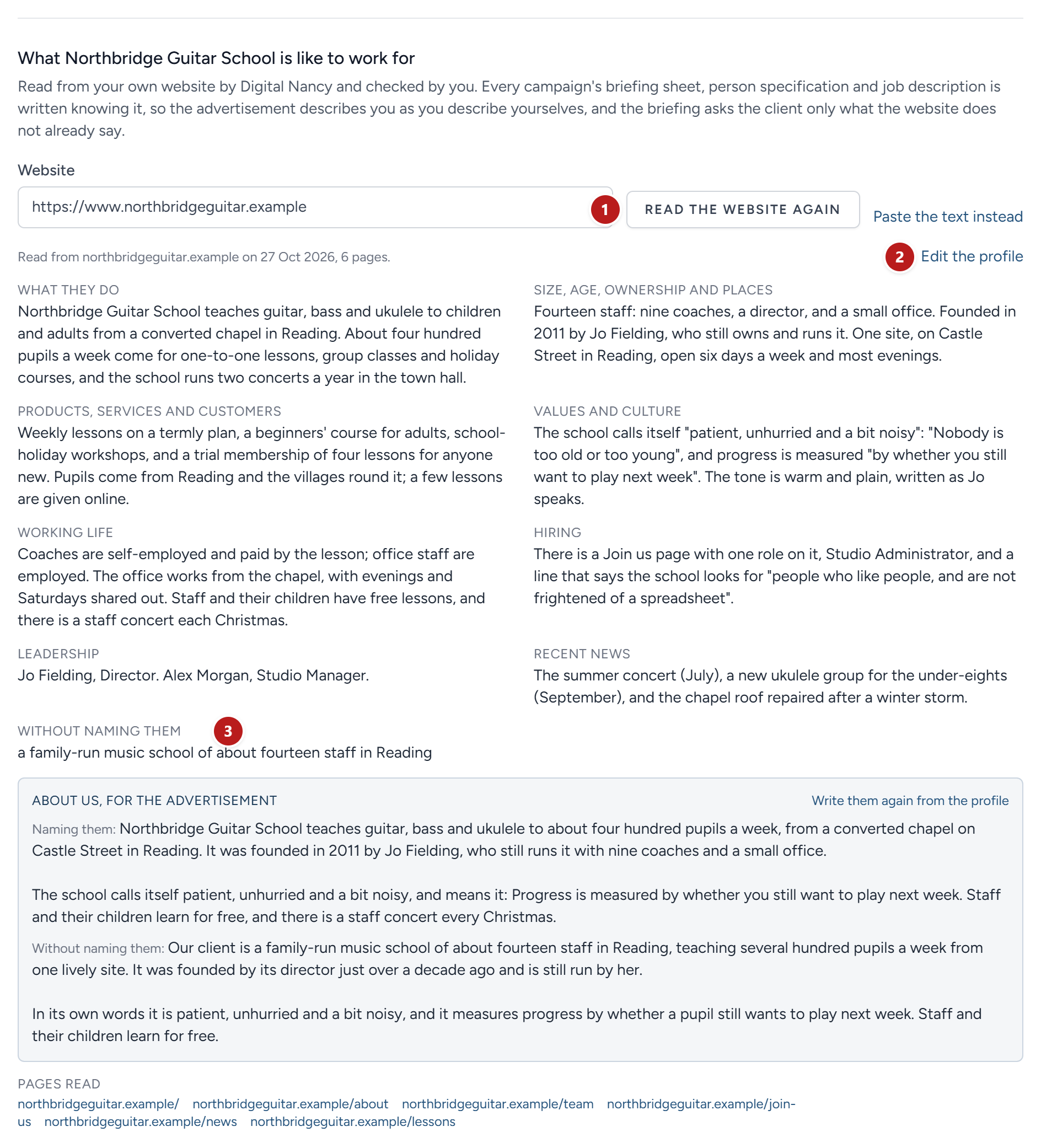 The example school's profile of itself, under Who you recruit for, read from its website.