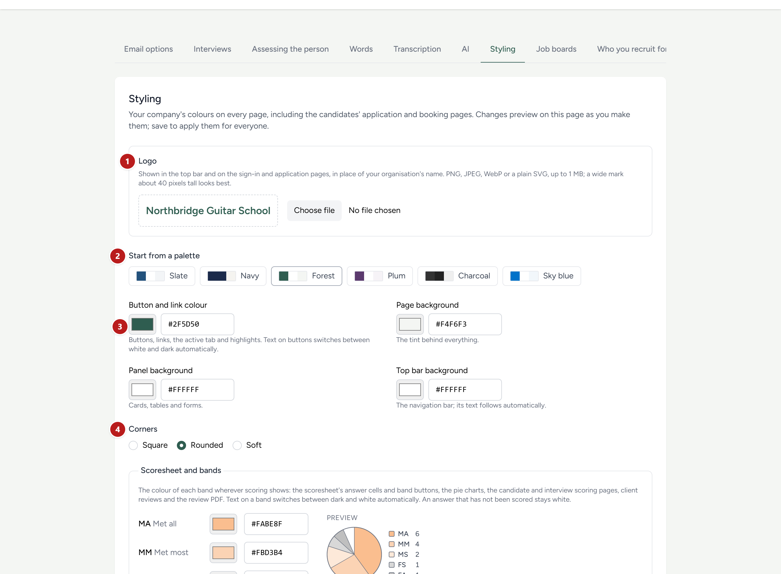 The Styling tab. The Forest palette has been tried on, and the page itself has changed colour.