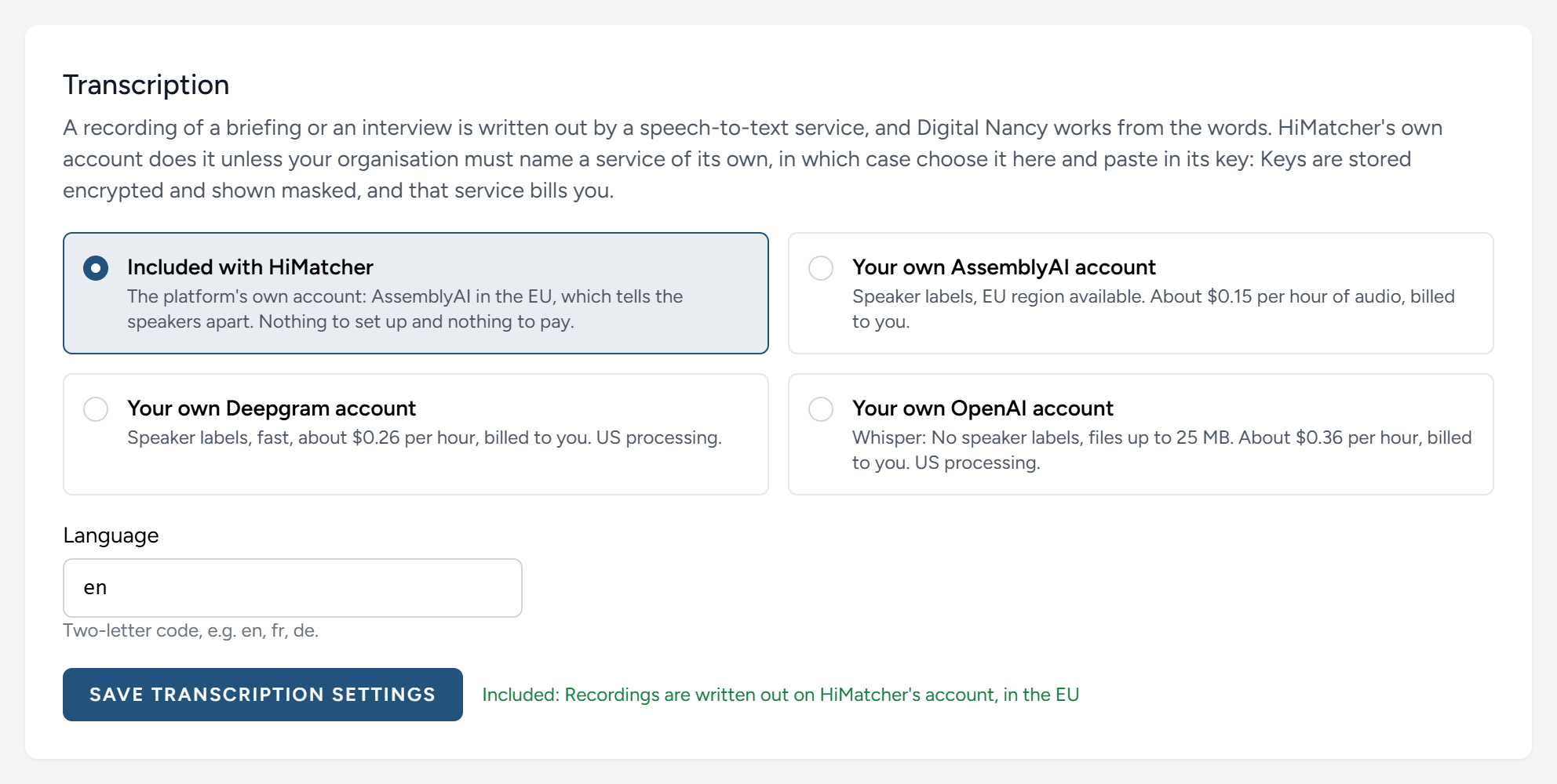 The Transcription tab, on the included service.